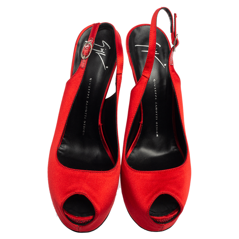 Giuseppe Zanotti Red Satin  Peep Toe Slingback Pumps Size 41