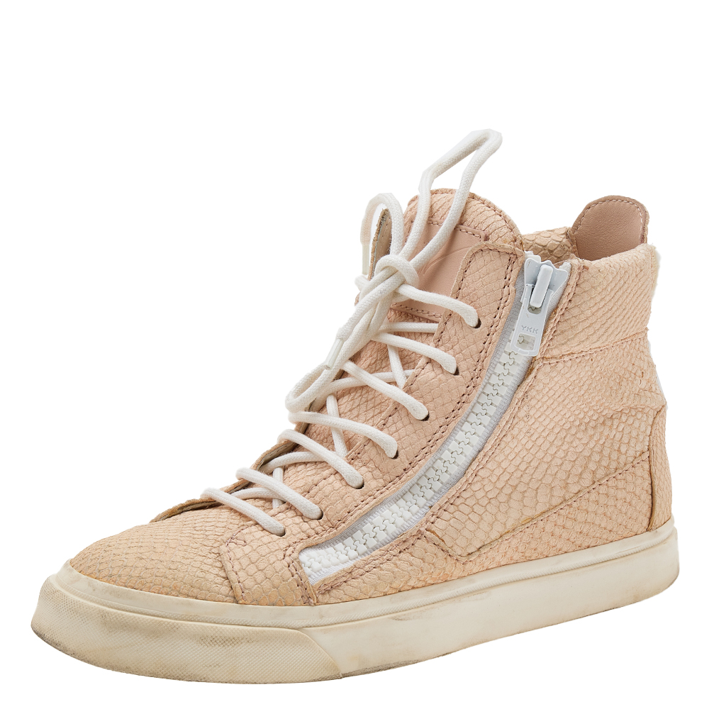 Giuseppe Zanotti Peach Python Embossed Leather High Top Sneakers Size 36