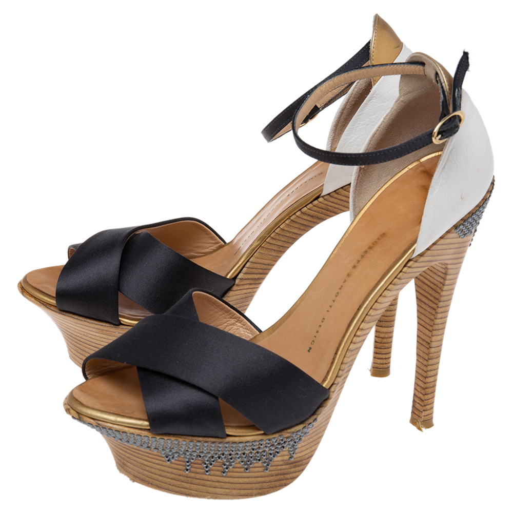 Giuseppe Zanotti Tri-Color Satin And Leather Embellished Platform And Heel Ankle Strap Sandals Size 40