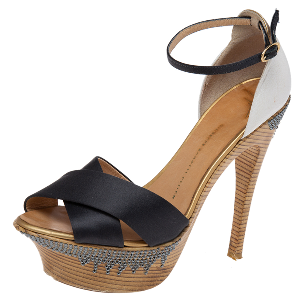 Giuseppe zanotti tri-color satin and leather embellished platform and heel ankle strap sandals size 40
