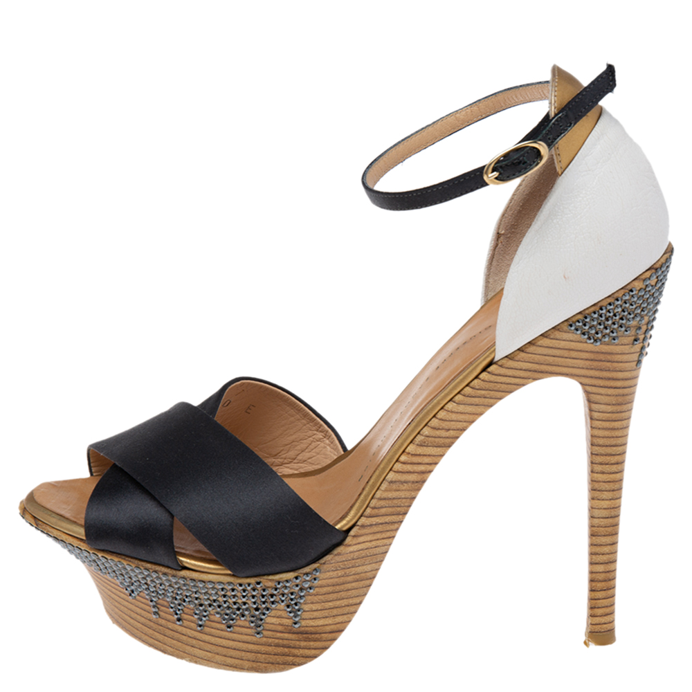 Giuseppe Zanotti Tri-Color Satin And Leather Embellished Platform And Heel Ankle Strap Sandals Size 40