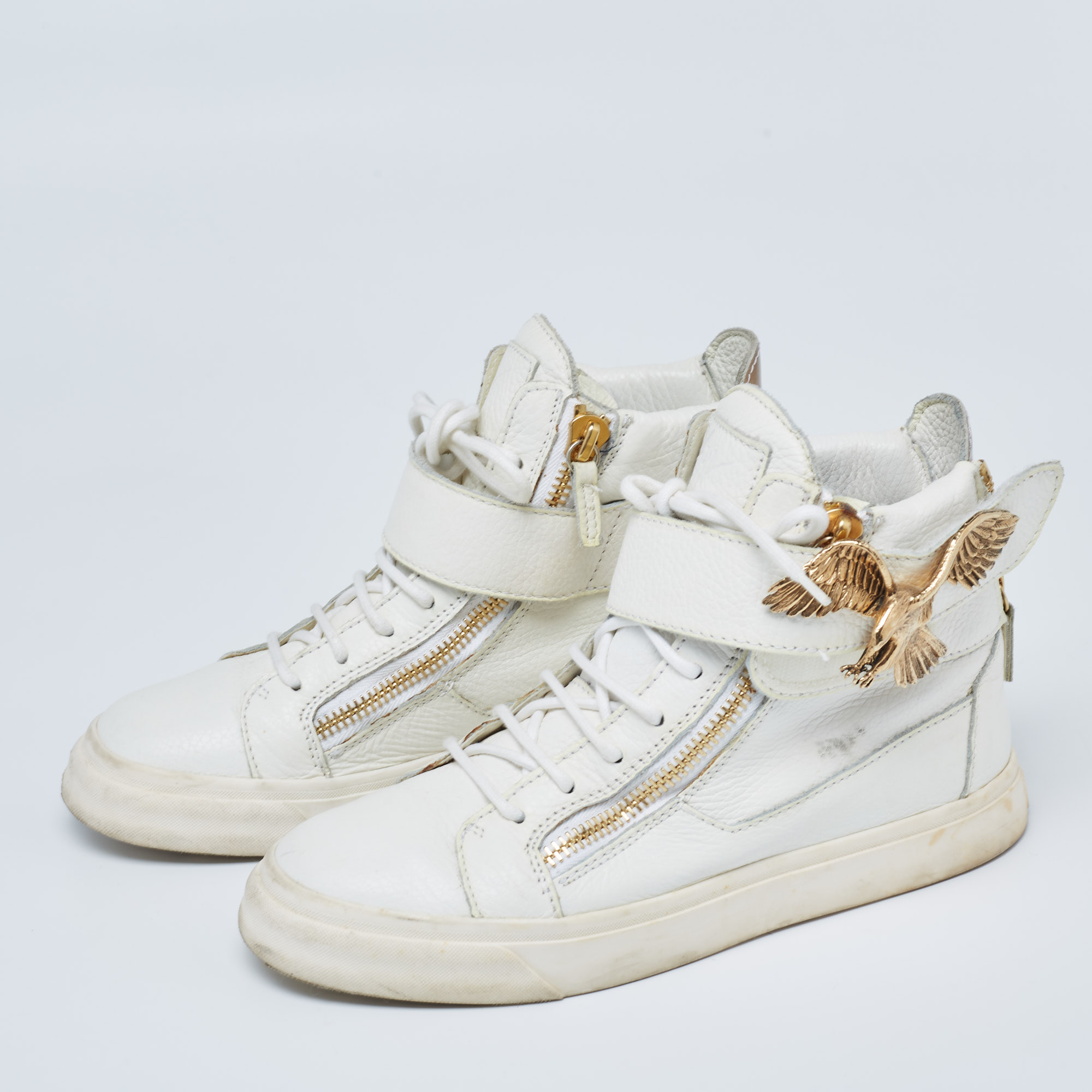 Giuseppe Zanotti White Leather Embellished High Top Sneakers Size 38.5