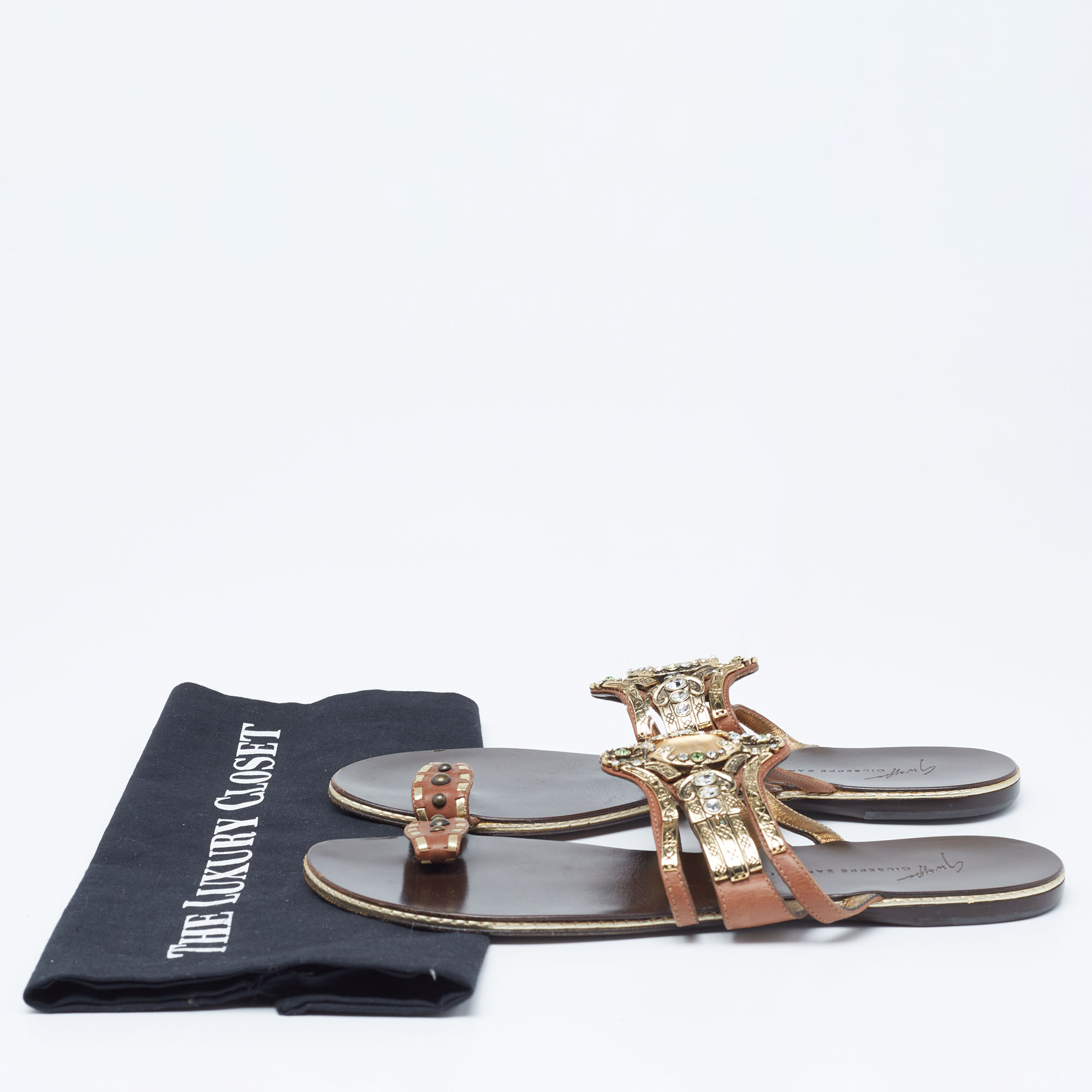 Giuseppe Zanotti Brown Leather Embellished Flat Sandals Size 39