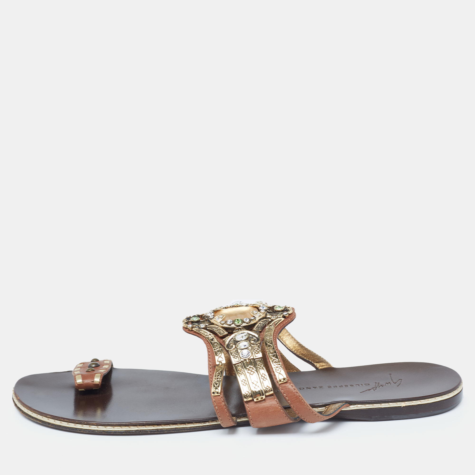Giuseppe Zanotti Brown Leather Embellished Flat Sandals Size 39