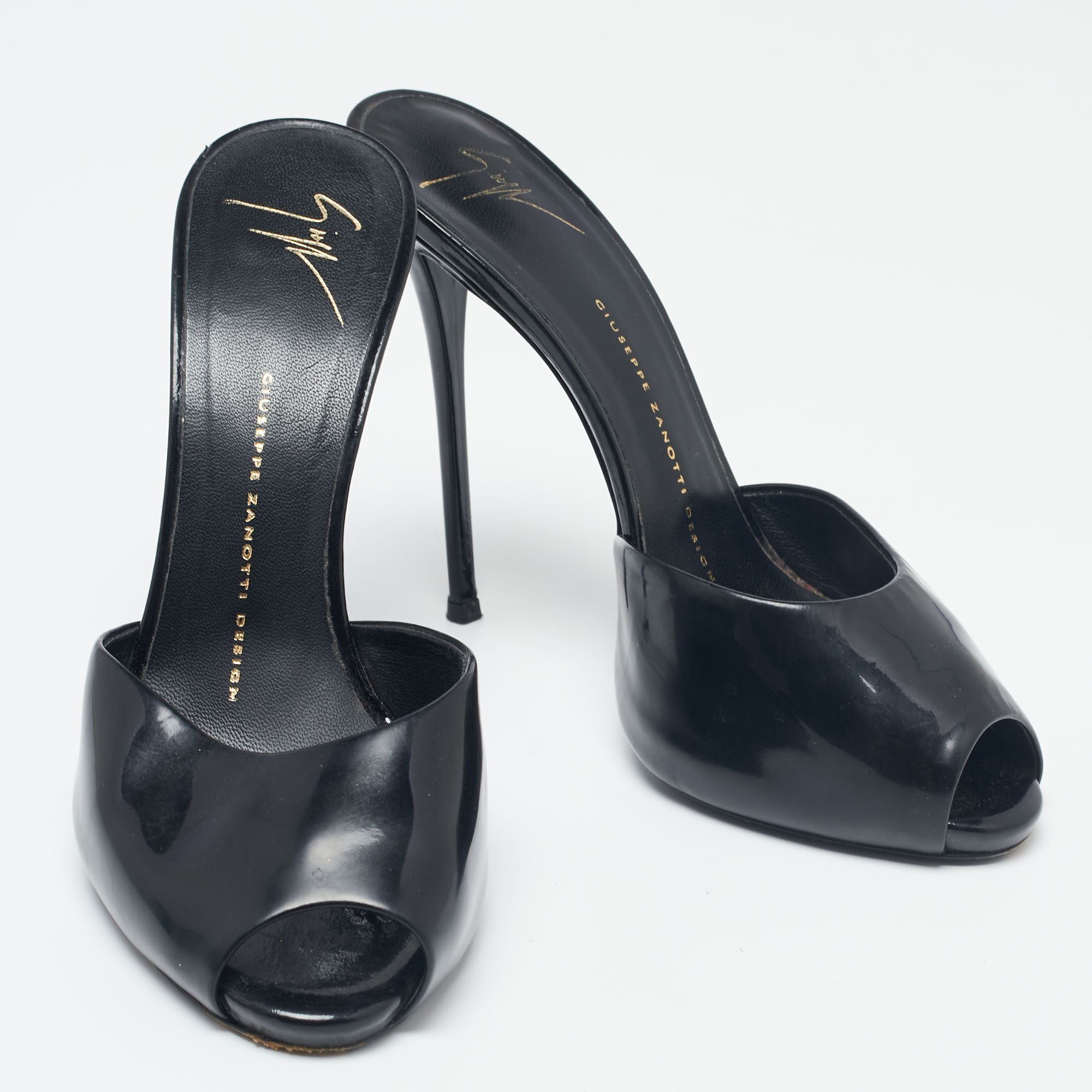 Giuseppe Zanotti Black Patent Leather Peep Toe Mules Size 37.5