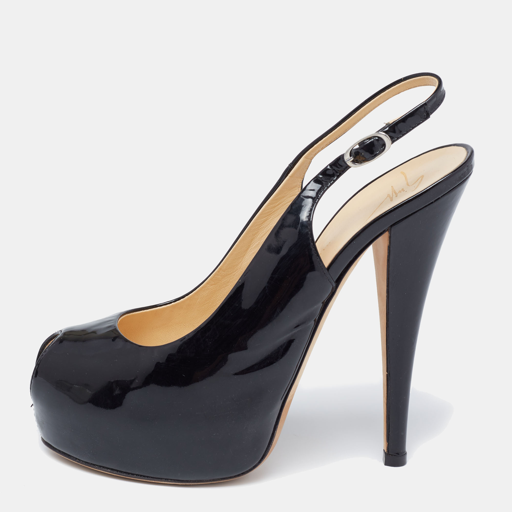 Giuseppe Zanotti Black Patent Leather Peep Toe Slingback Platform Pumps Size 38