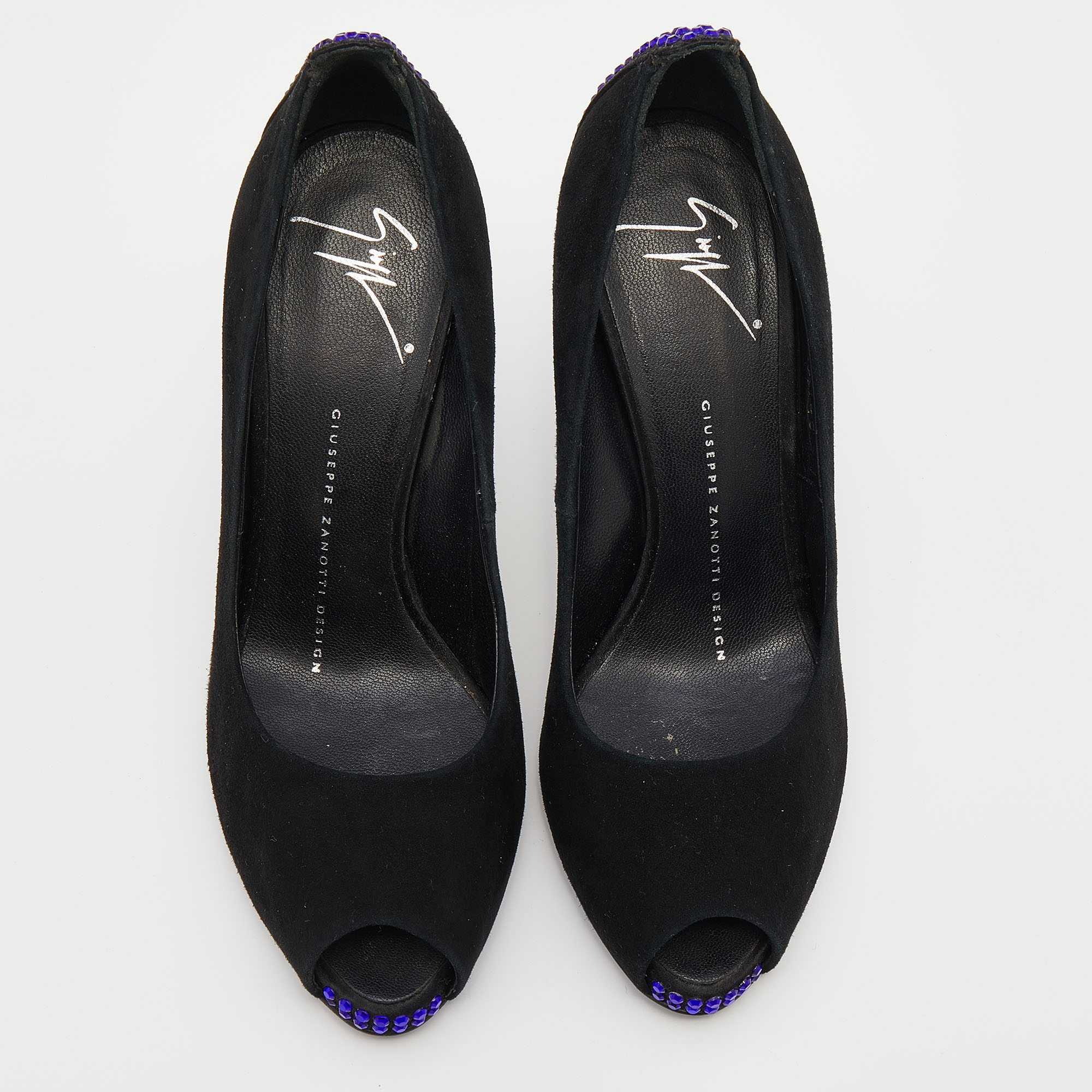 Giuseppe Zanotti Black Suede Embellished Peep Toe Pumps Size 36