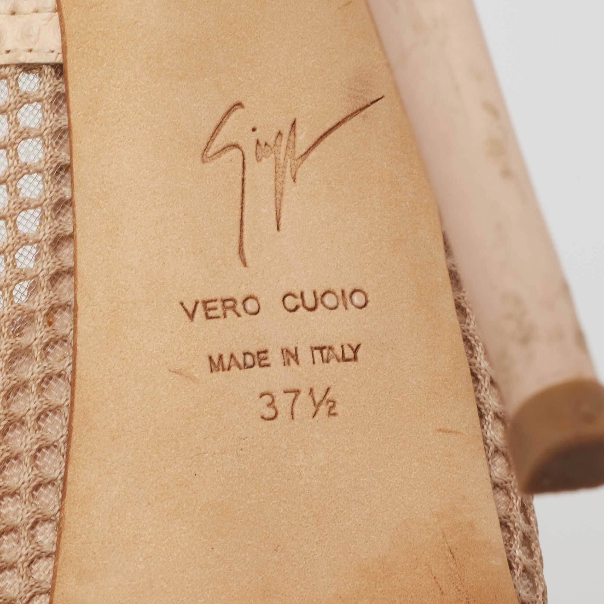 Giuseppe Zanotti Beige Mesh And Lizard Embossed Leather Peep-Toe Pumps Size 37.5