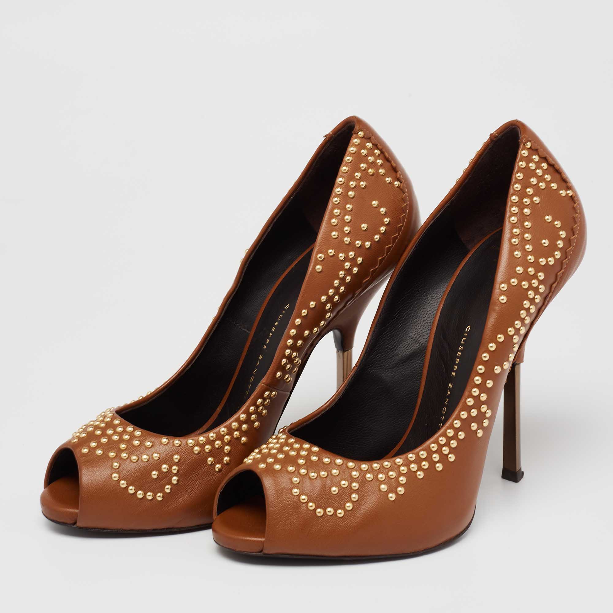 Giuseppe Zanotti Tan Studded Leather Peep-Toe Pumps Size 37.5