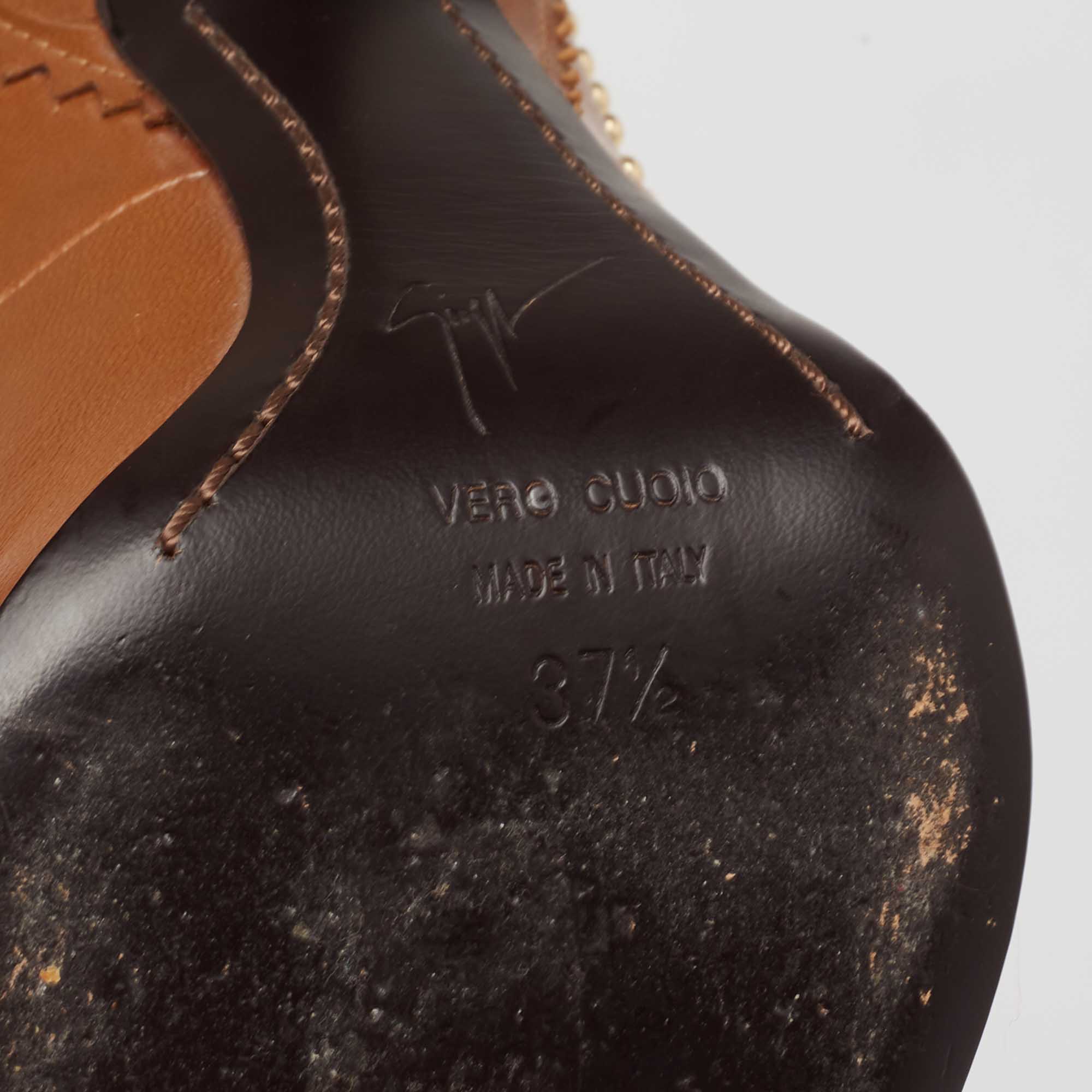 Giuseppe Zanotti Tan Studded Leather Peep-Toe Pumps Size 37.5