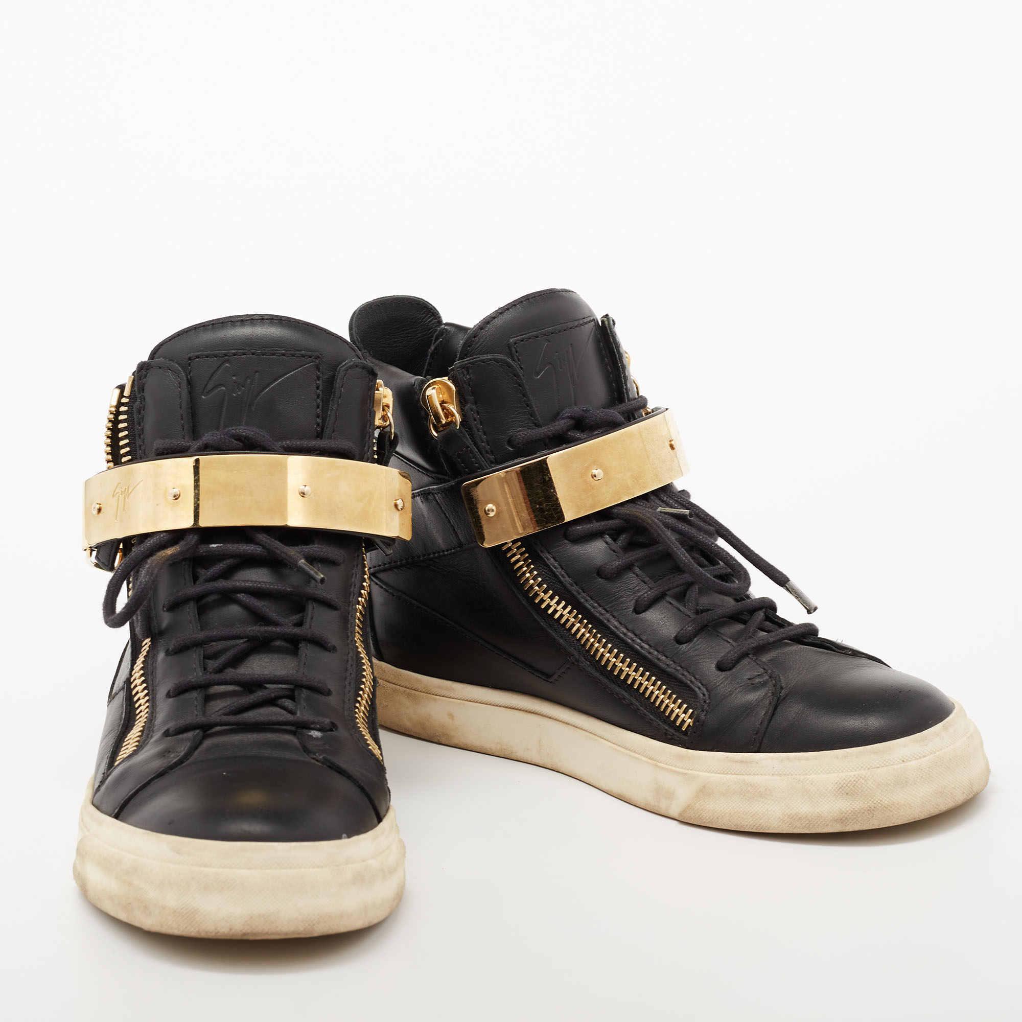 Giuseppe Zanotti Black/Gold  Leather Coby High Top Sneakers Size 37