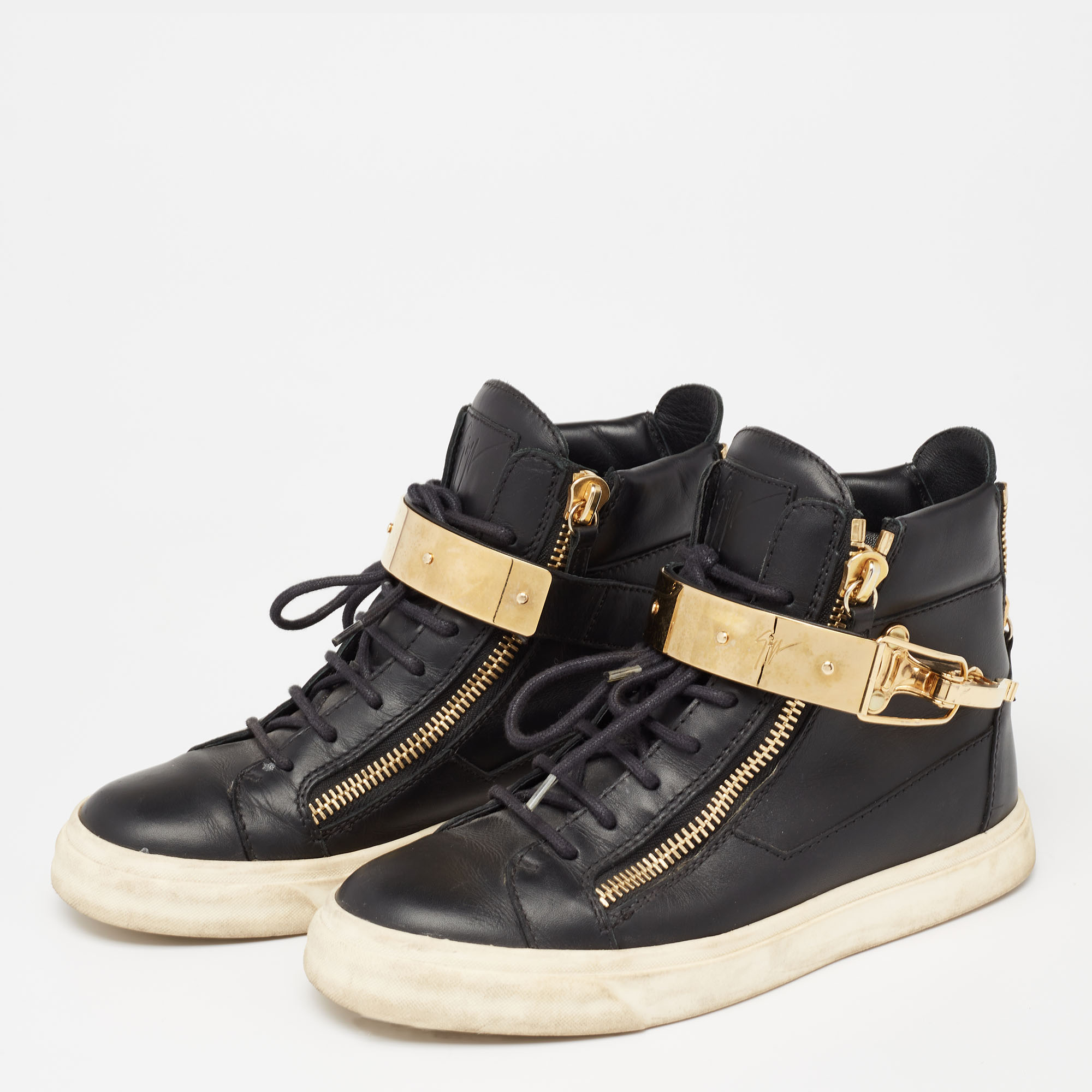 Giuseppe Zanotti Black/Gold  Leather Coby High Top Sneakers Size 37