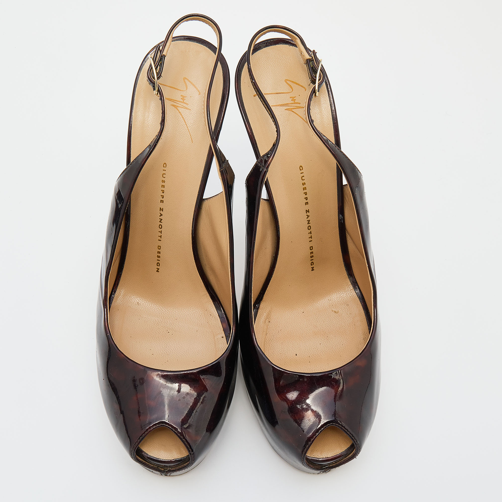 Giuseppe Zanotti Brown Leopard Print Patent Leather Platform Slingback Peep Toe Sandals Size 41