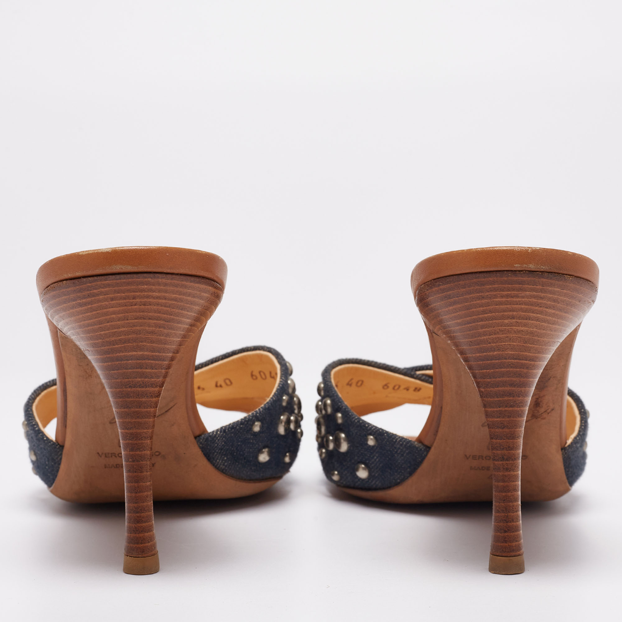 Giuseppe Zanotti Blue Denim And Tan Leather Studded Slide Sandals Size 40