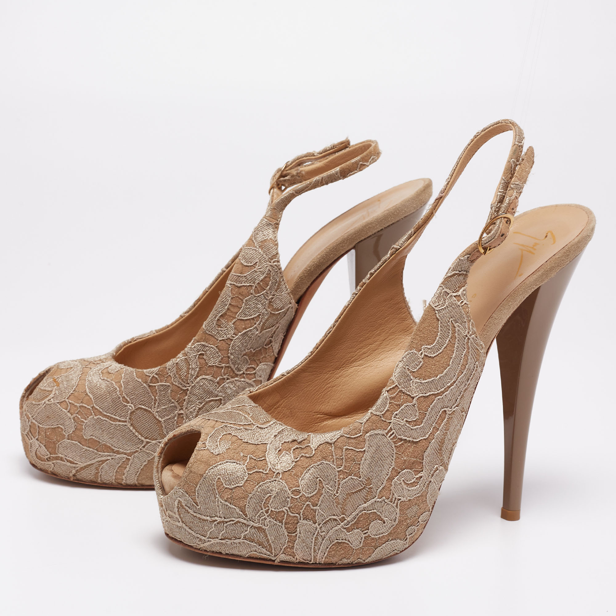 Giuseppe Zanotti Beige Lace Peep-Toe Slingback Sandals Size 40.5