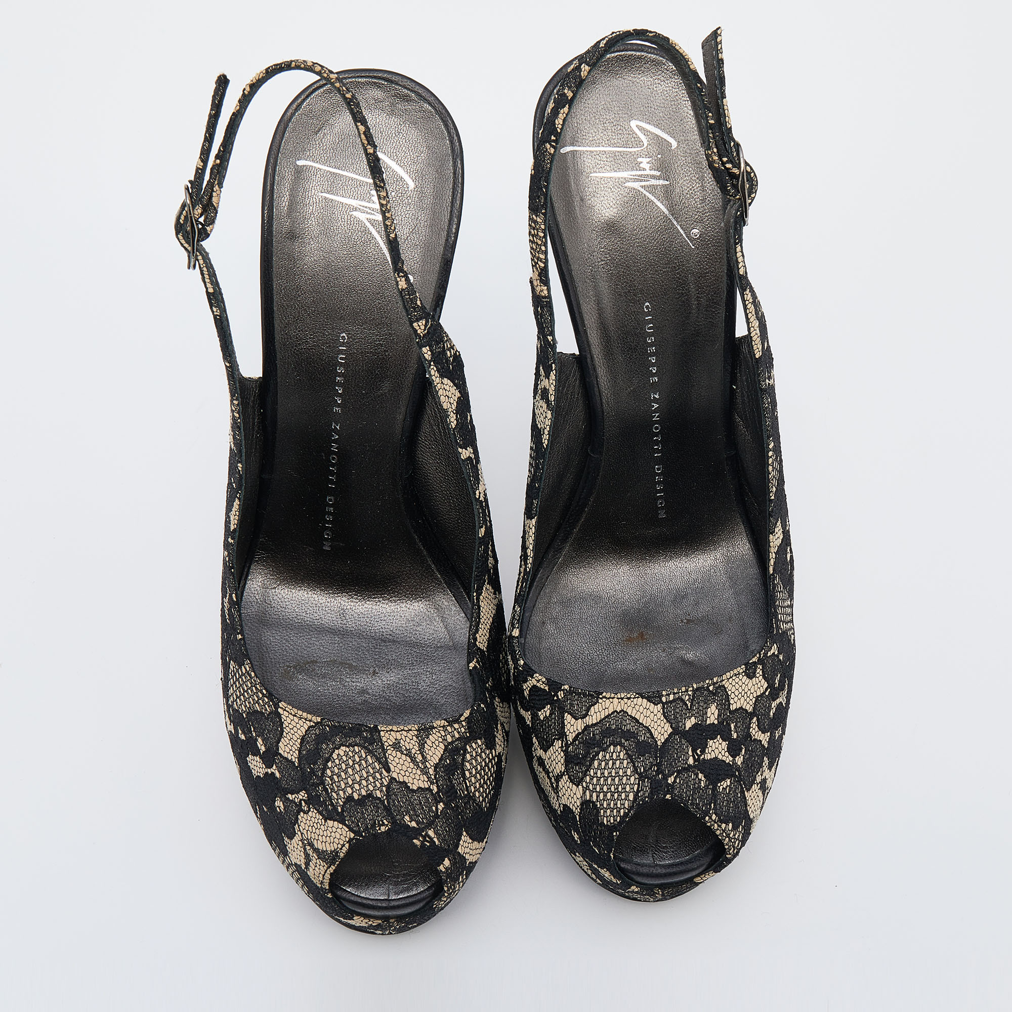 Giuseppe Zanotti Black Lace Peep Toe Slingback Platform Sandals Size 38.5