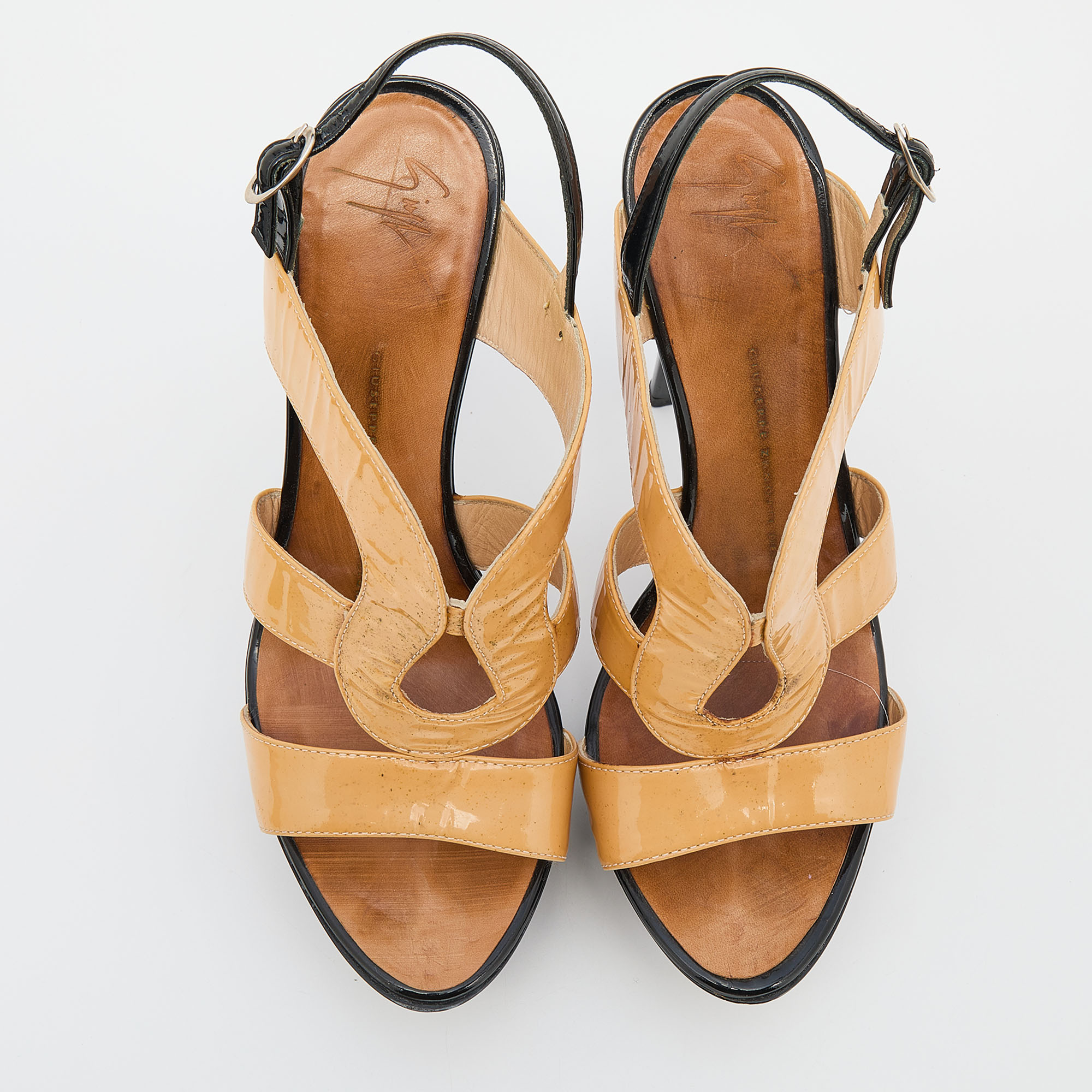 Giuseppe Zanotti Beige/Black Patent Leather Platform Ankle Strap Sandals Size 37