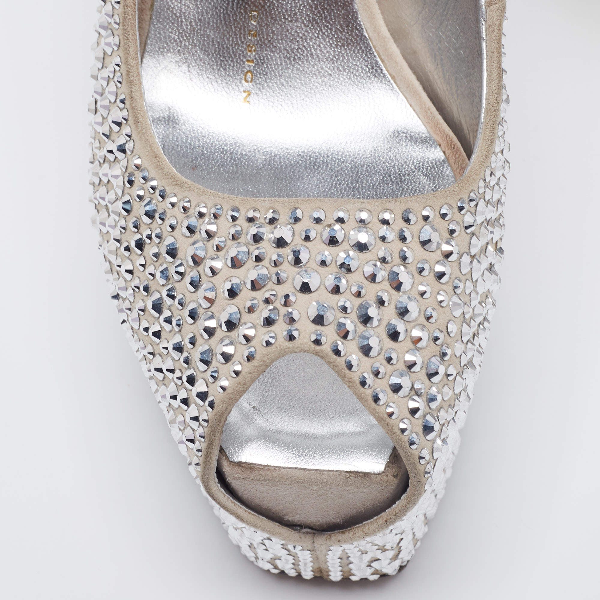 Giuseppe Zanotti Grey Suede Crystal Embellished Peep Toe Platform Pumps Size 36
