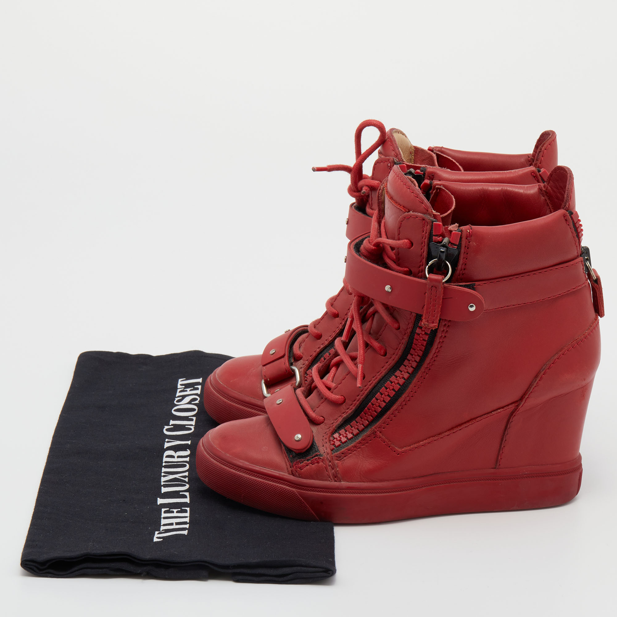 Giuseppe Zanotti Red Leather High Top Wedge Sneakers Size 36.5