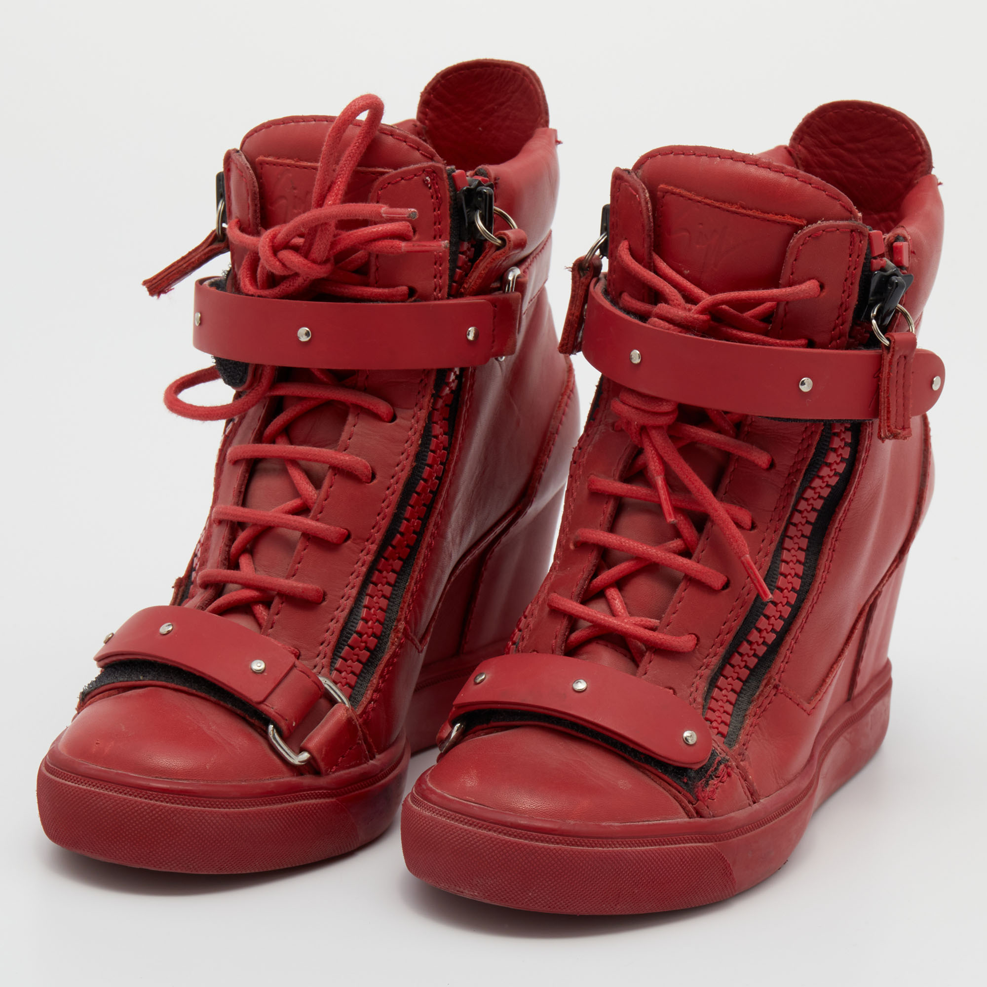 Giuseppe Zanotti Red Leather High Top Wedge Sneakers Size 36.5