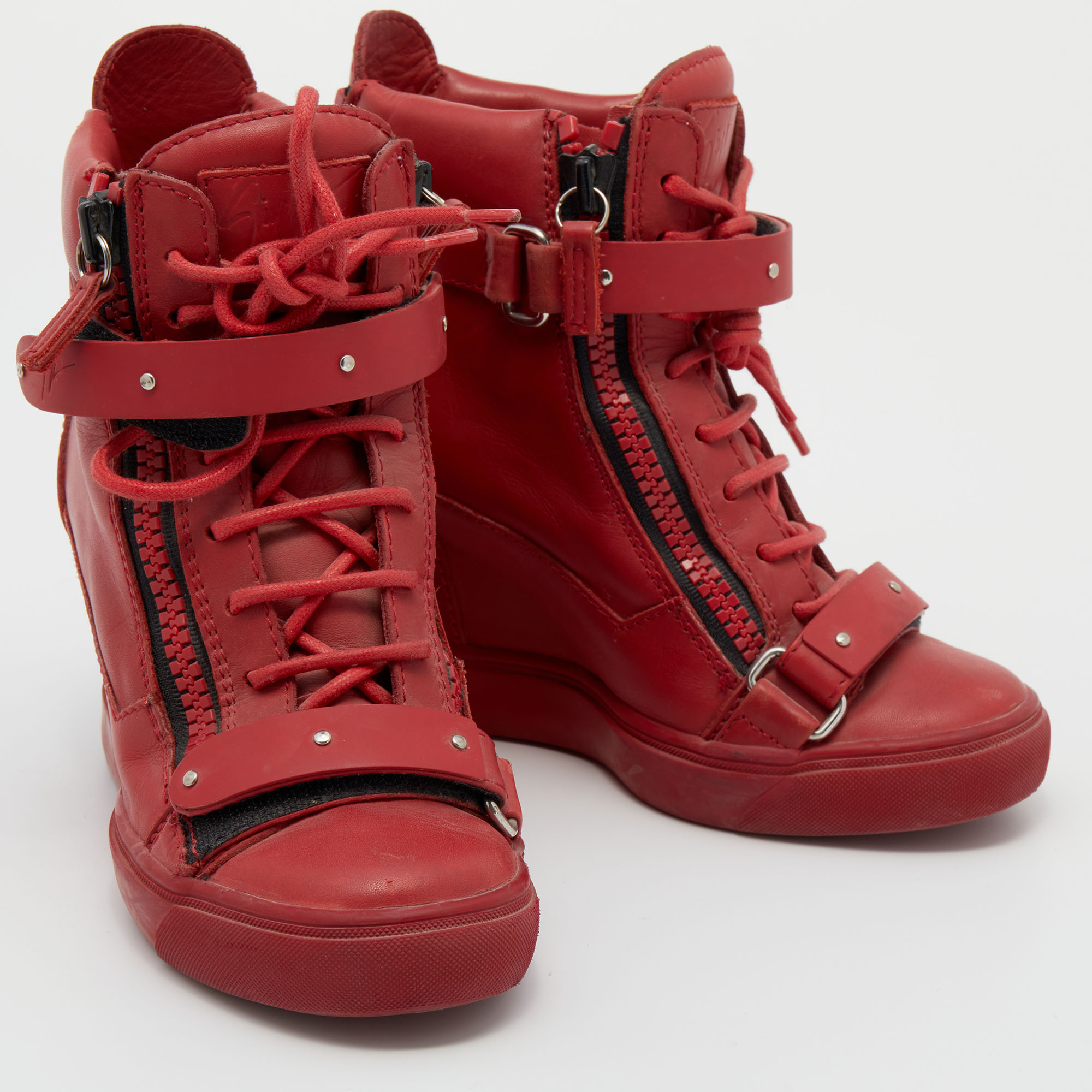 Giuseppe Zanotti Red Leather High Top Wedge Sneakers Size 36.5
