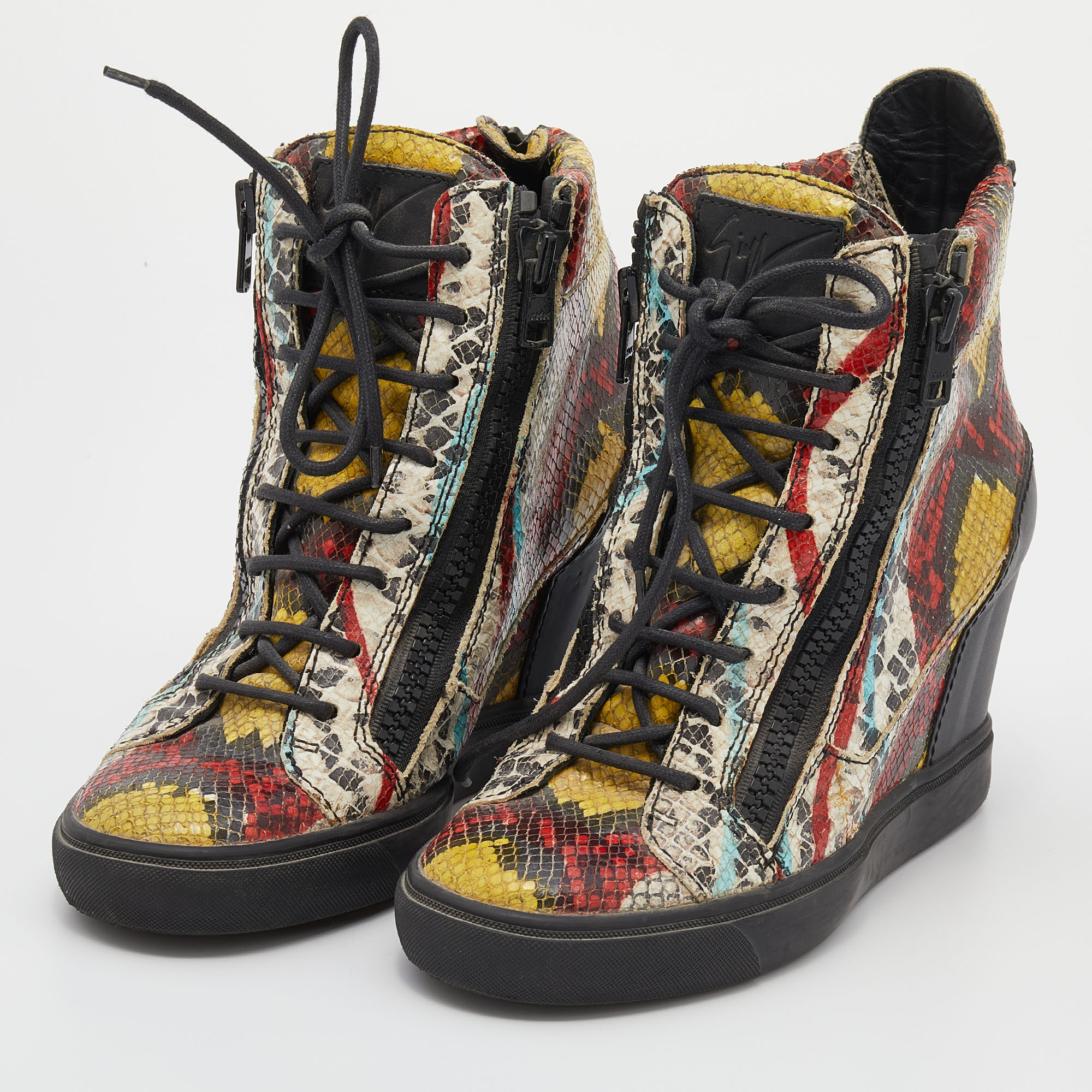 Giuseppe Zanotti Multicolor Snakeskin Embossed Leather High Toe Wedge Sneakers Size 39