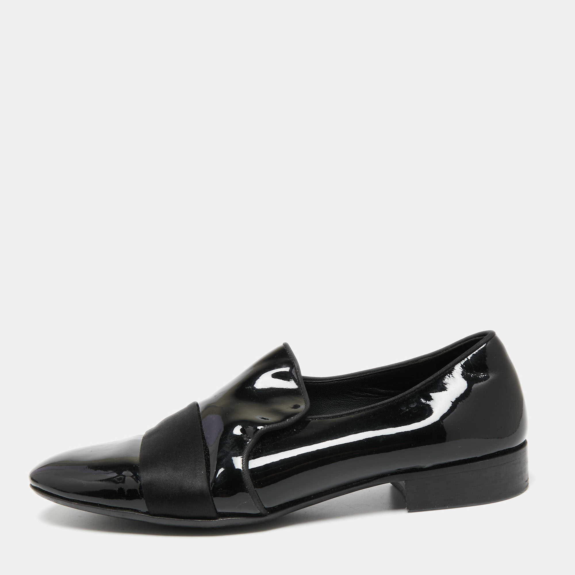 Giuseppe zanotti black patent leather and satin cap toe smoking slippers size 40