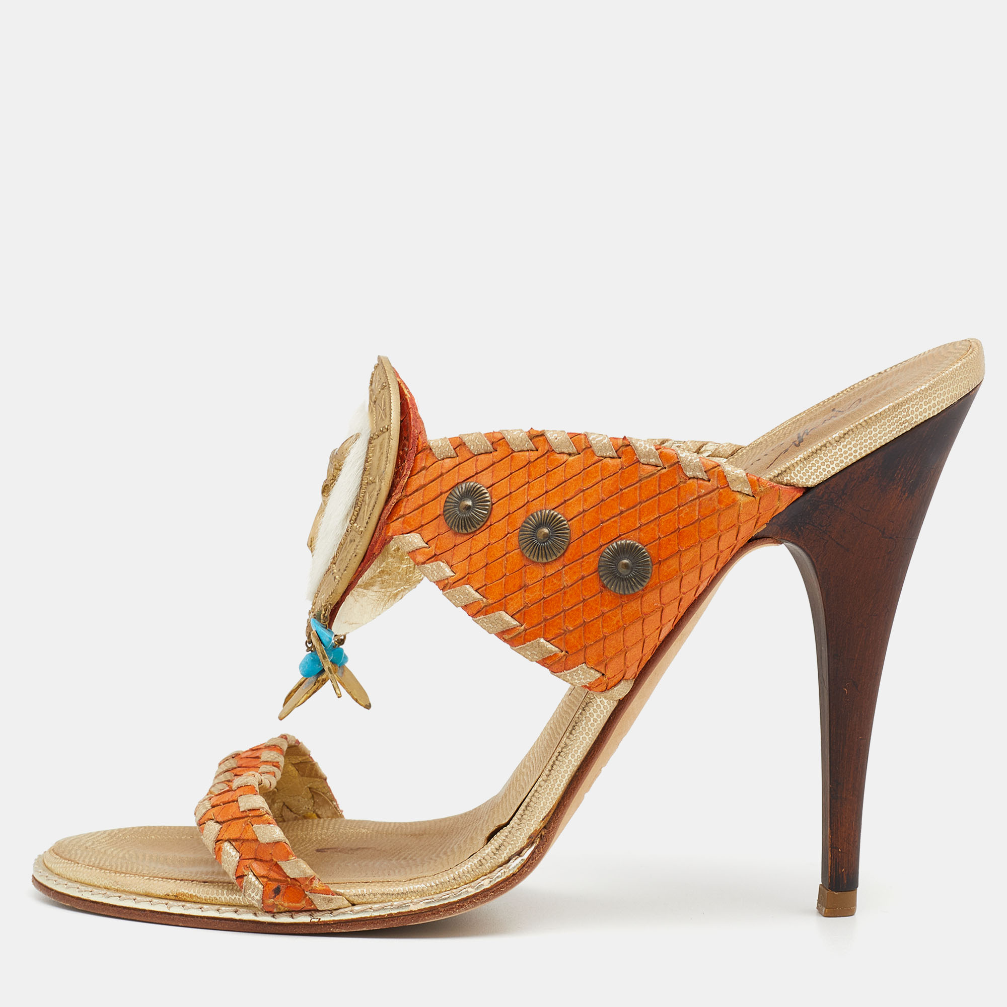 Giuseppe zanotti orange/gold python embossed leather slides sandals 37