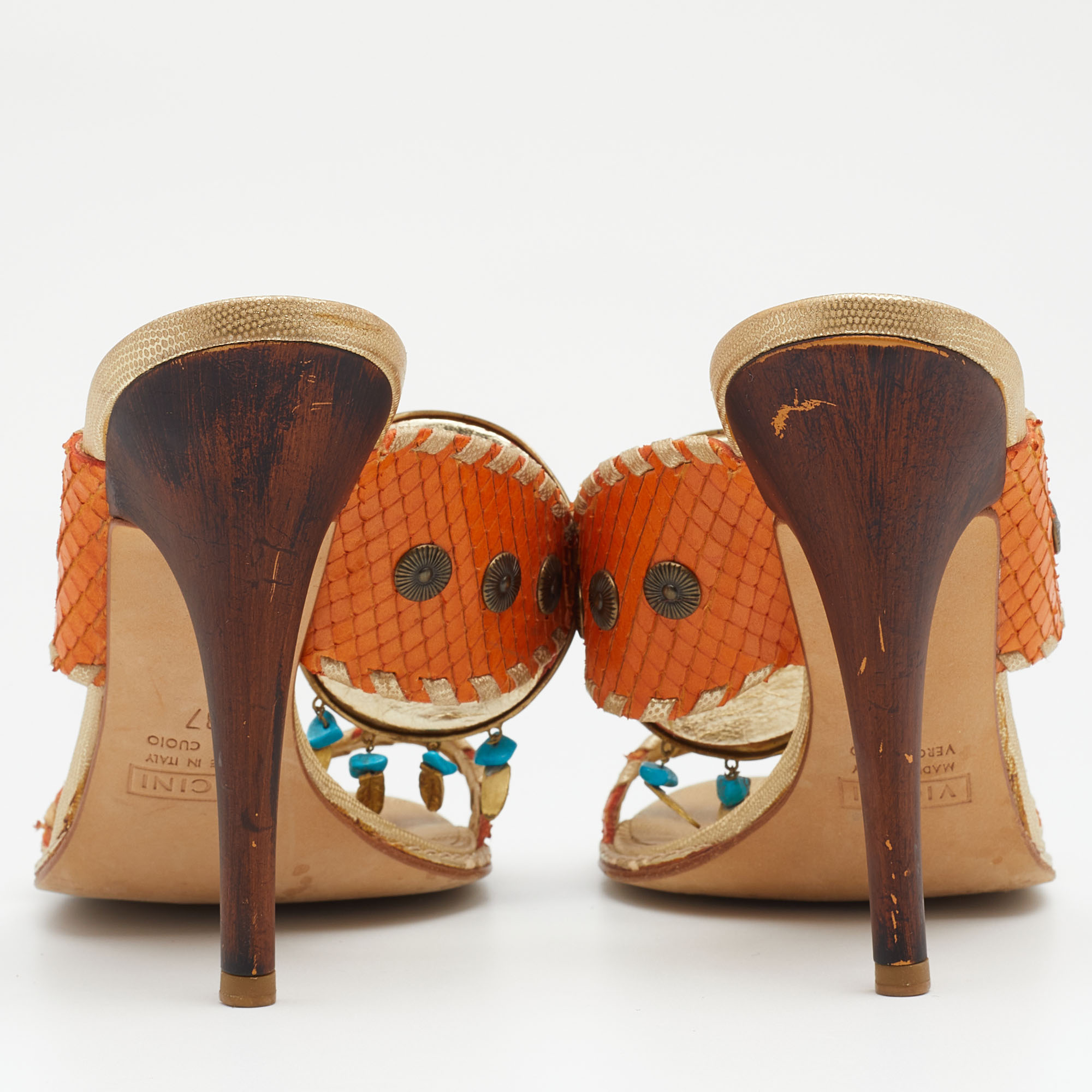 Giuseppe Zanotti Orange/Gold Phyton Embossed Leather Slides Sandals 37