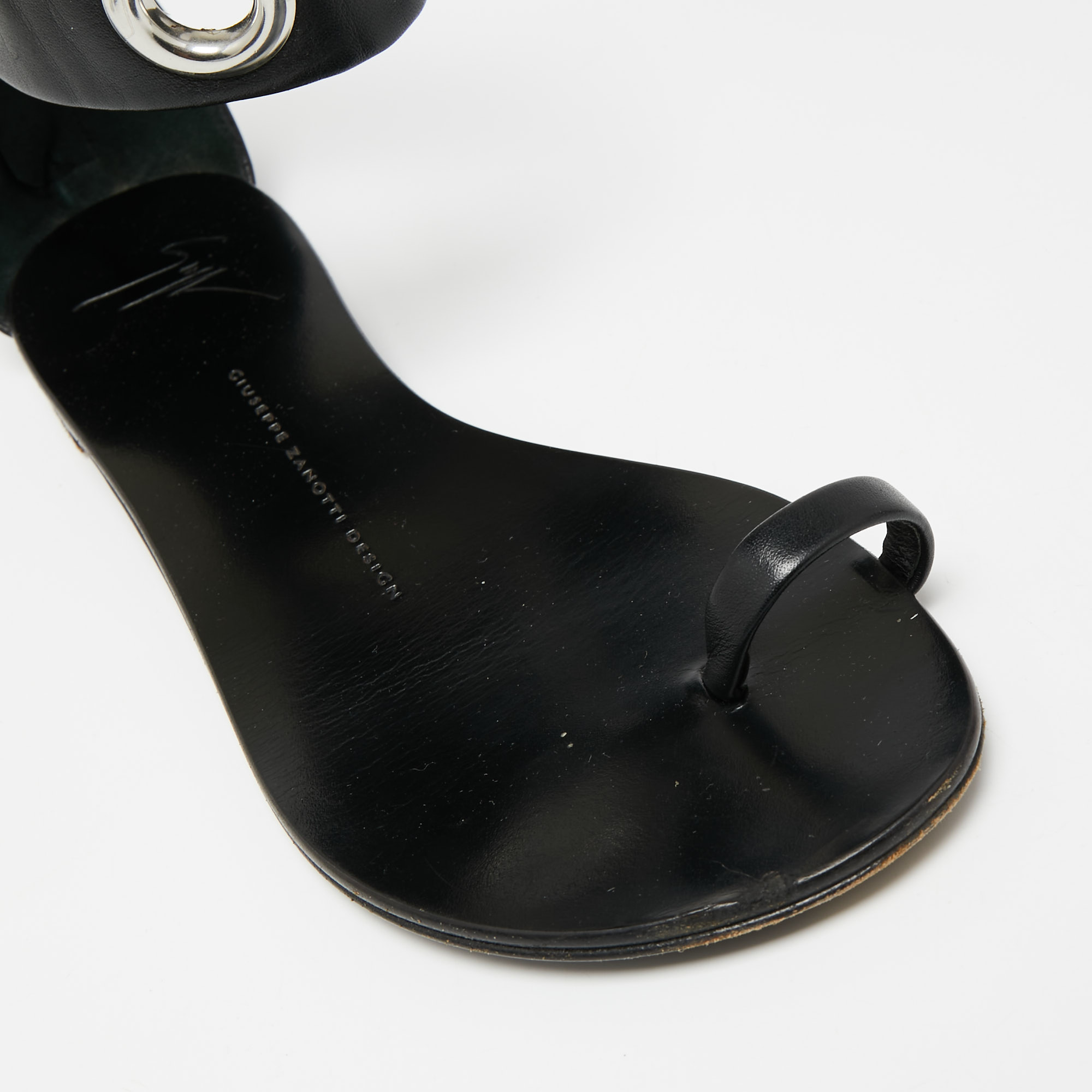 Giuseppe Zanotti Black Leather Eyelet Ankle Cuff Flat Sandals Size 38
