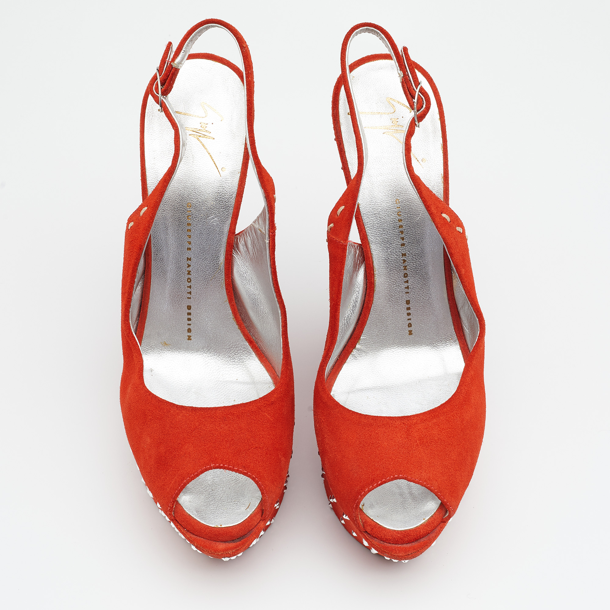 Giuseppe Zanotti Orange Suede Studded Wedge Sandals Size 39