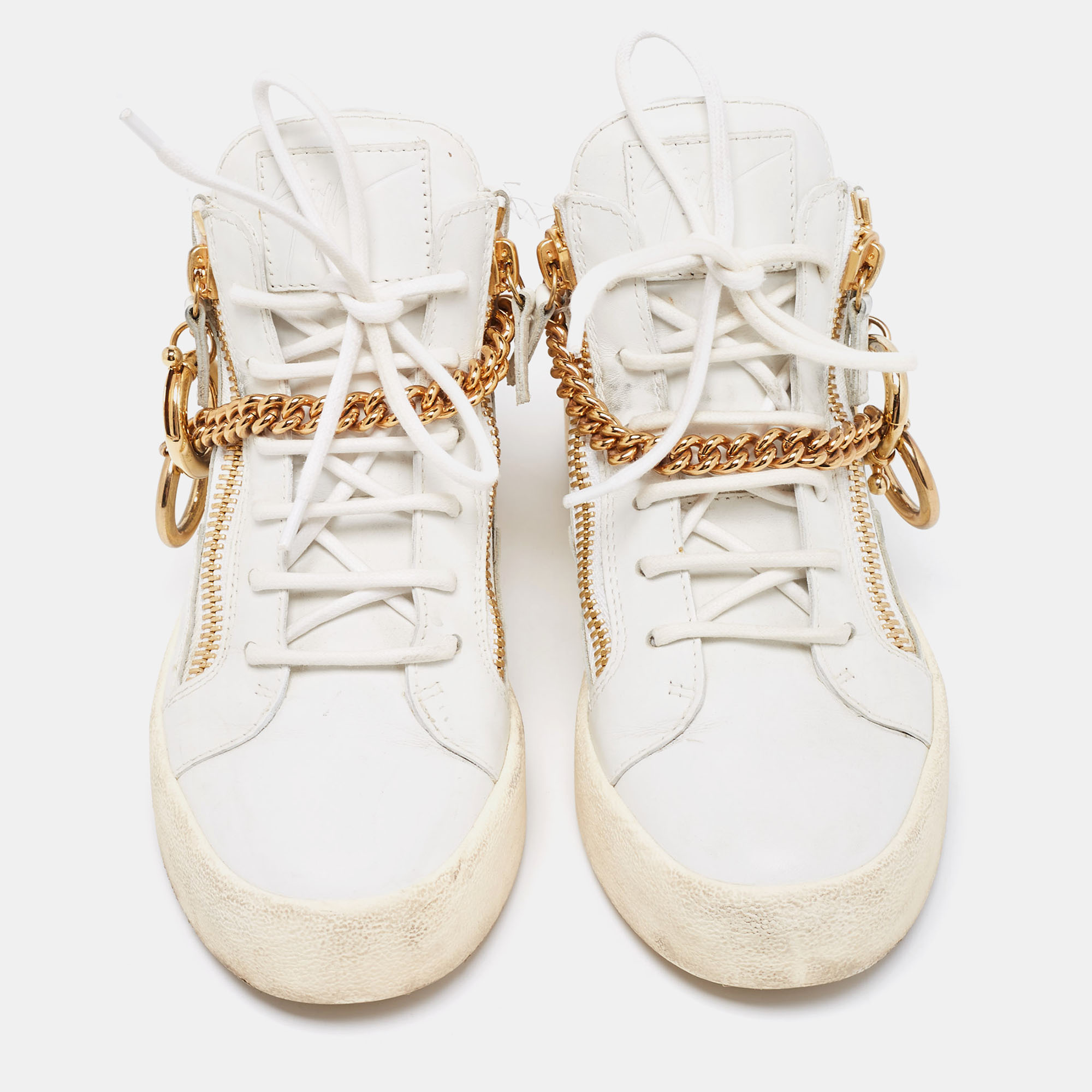 Giuseppe Zanotti White Leather Chain High Top Sneakers Size 37