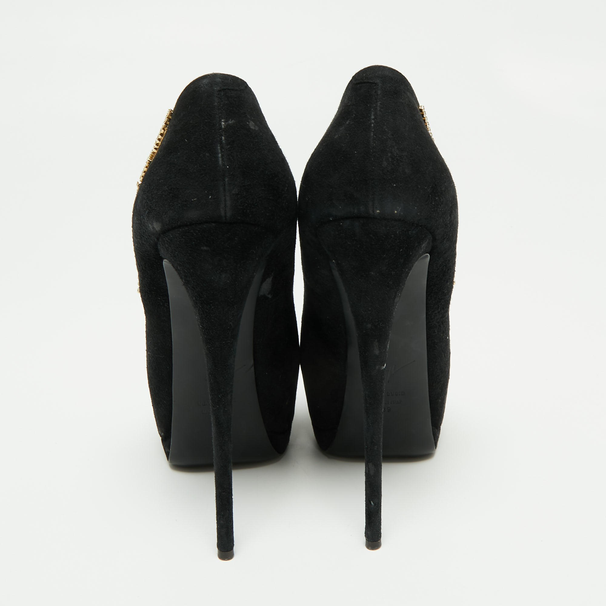 Giuseppe Zanotti Black Suede Crystal Embellished Peep Toe Pumps Size 39