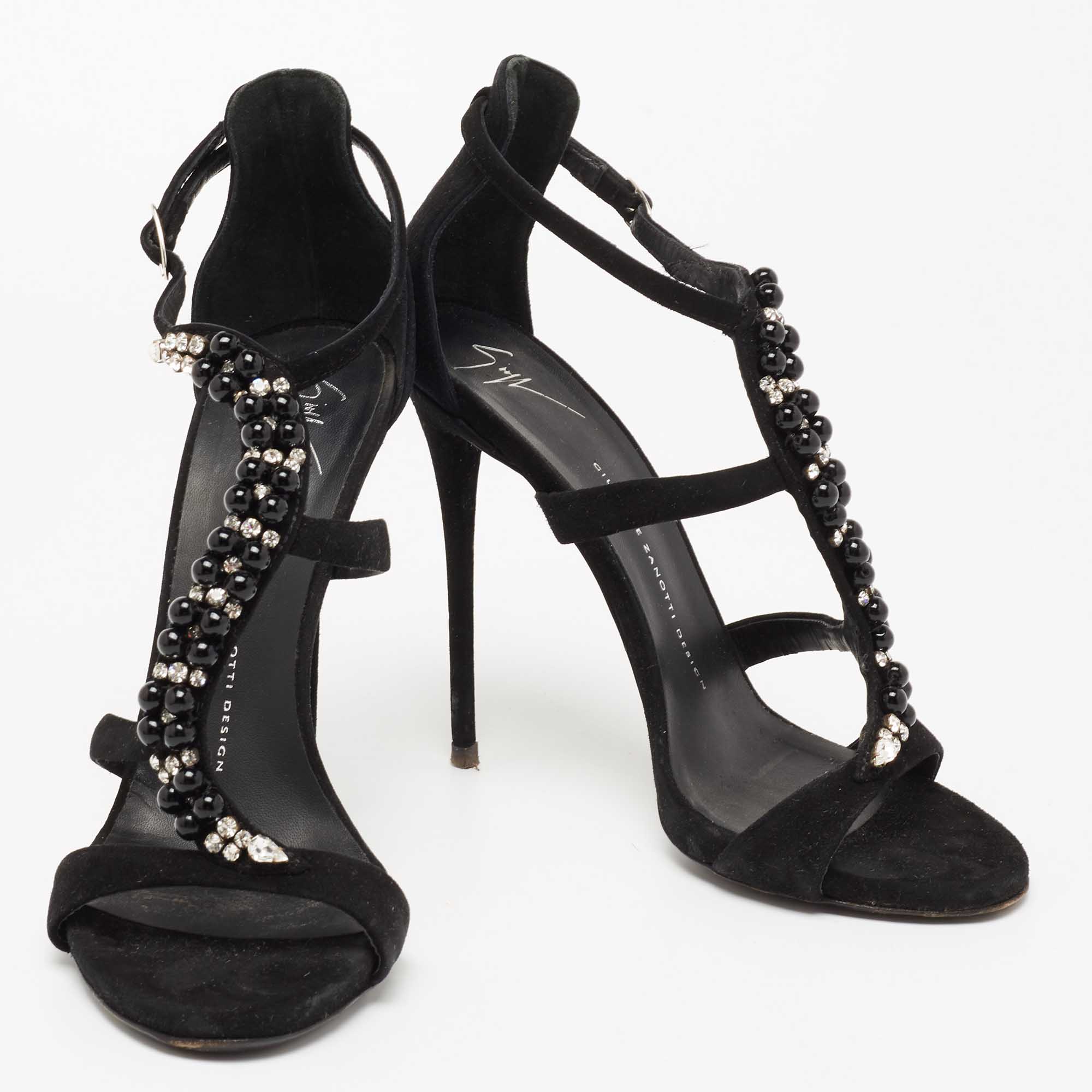 Giuseppe Zanotti Black Suede Crystal Embellished T-Strap Sandals Size 39