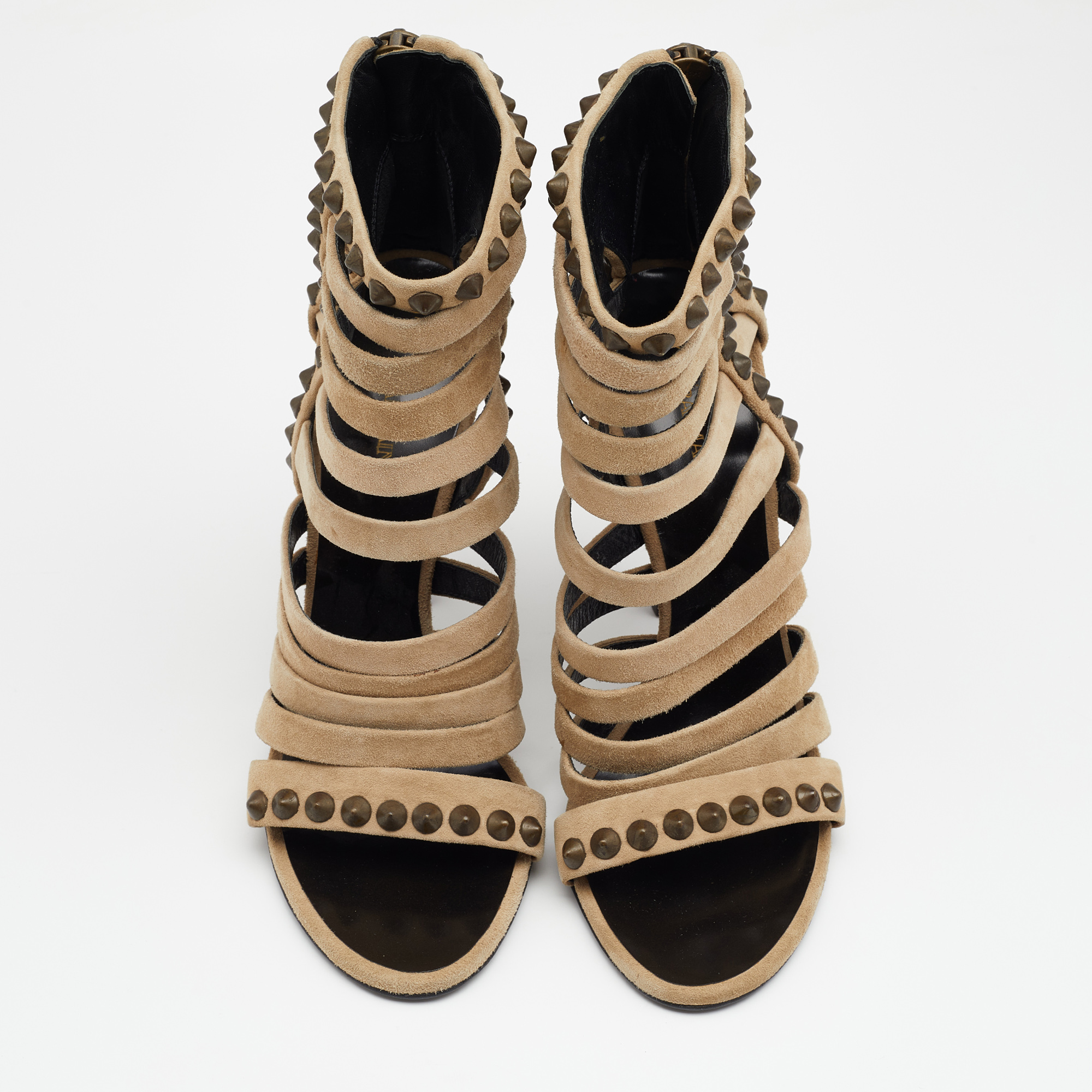 Giuseppe Zanotti For Pierre Balmain Beige Suede Studded Strappy Sandals Size 40