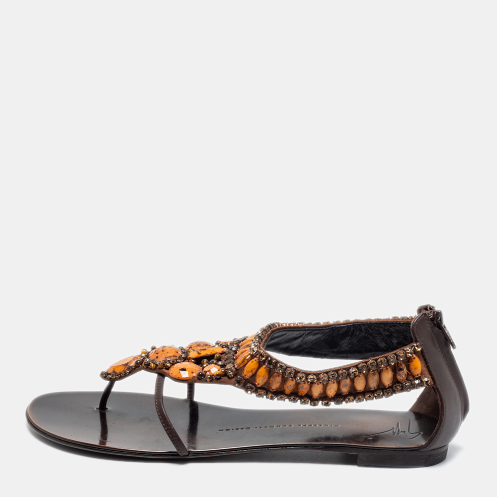 Giuseppe Zanotti Brown Leather Crystal Embellished Flat Thong Sandals Size 39