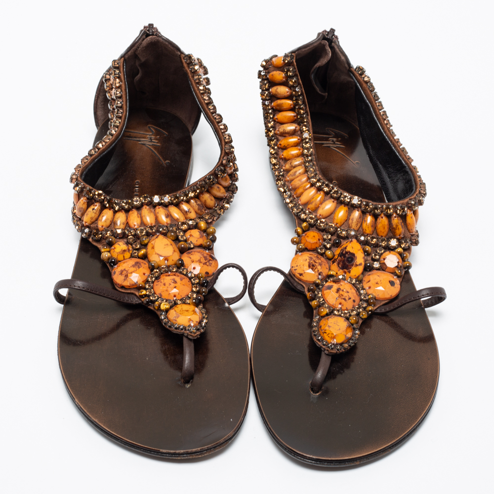Giuseppe Zanotti Brown Leather Crystal Embellished Flat Thong Sandals Size 39