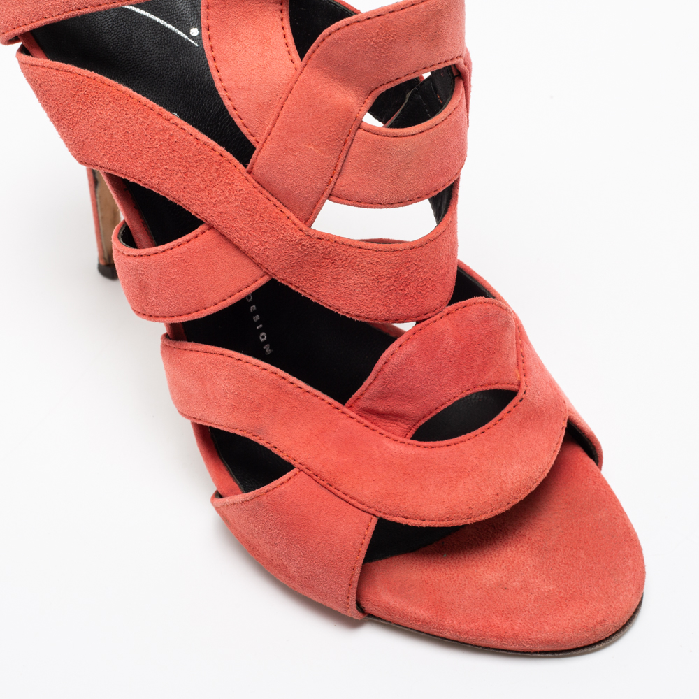 Giuseppe Zanotti Coral Pink Suede Cut Out Cage Sandals Size 40