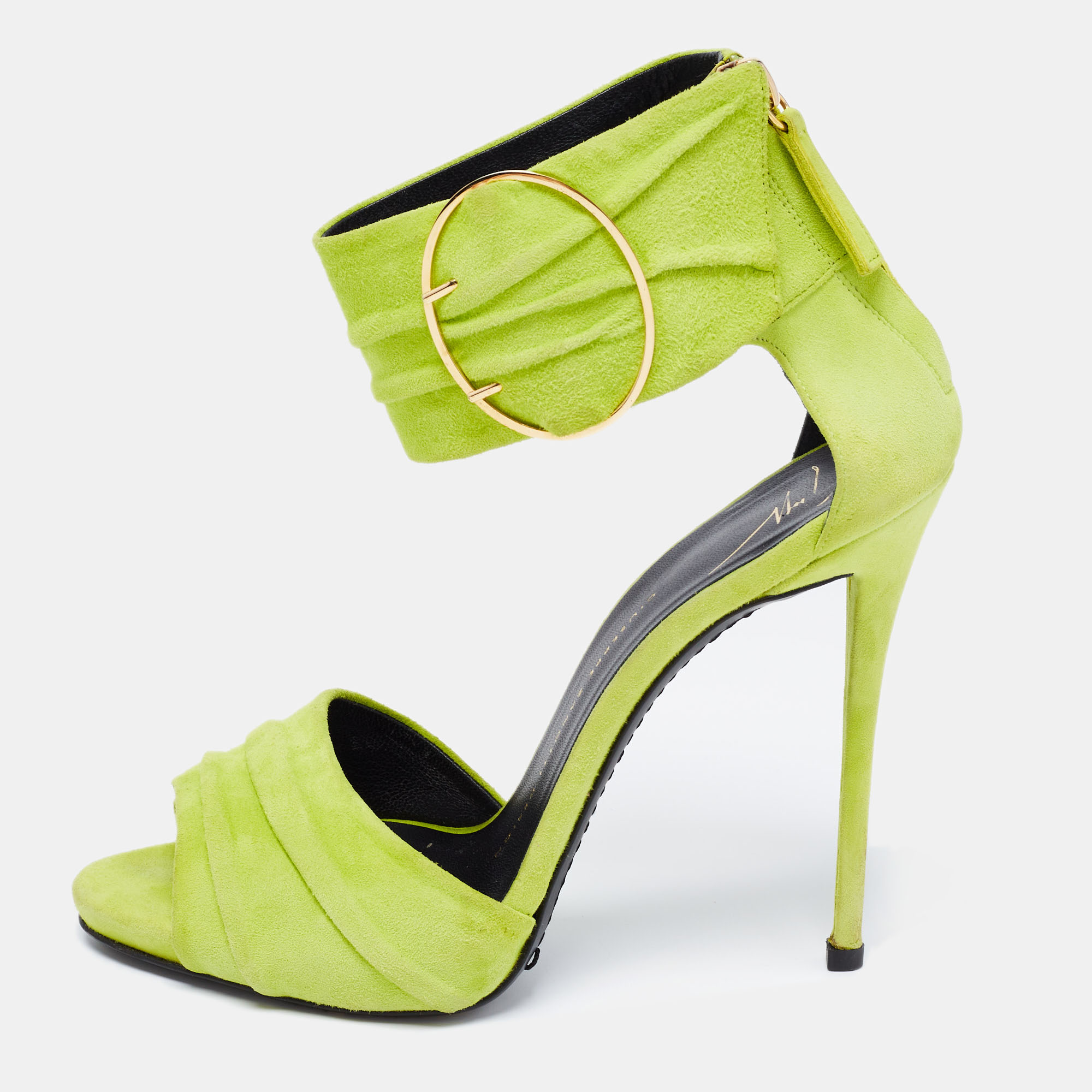 Giuseppe zanotti green suede open toe ankle cuff sandals  size 37.5