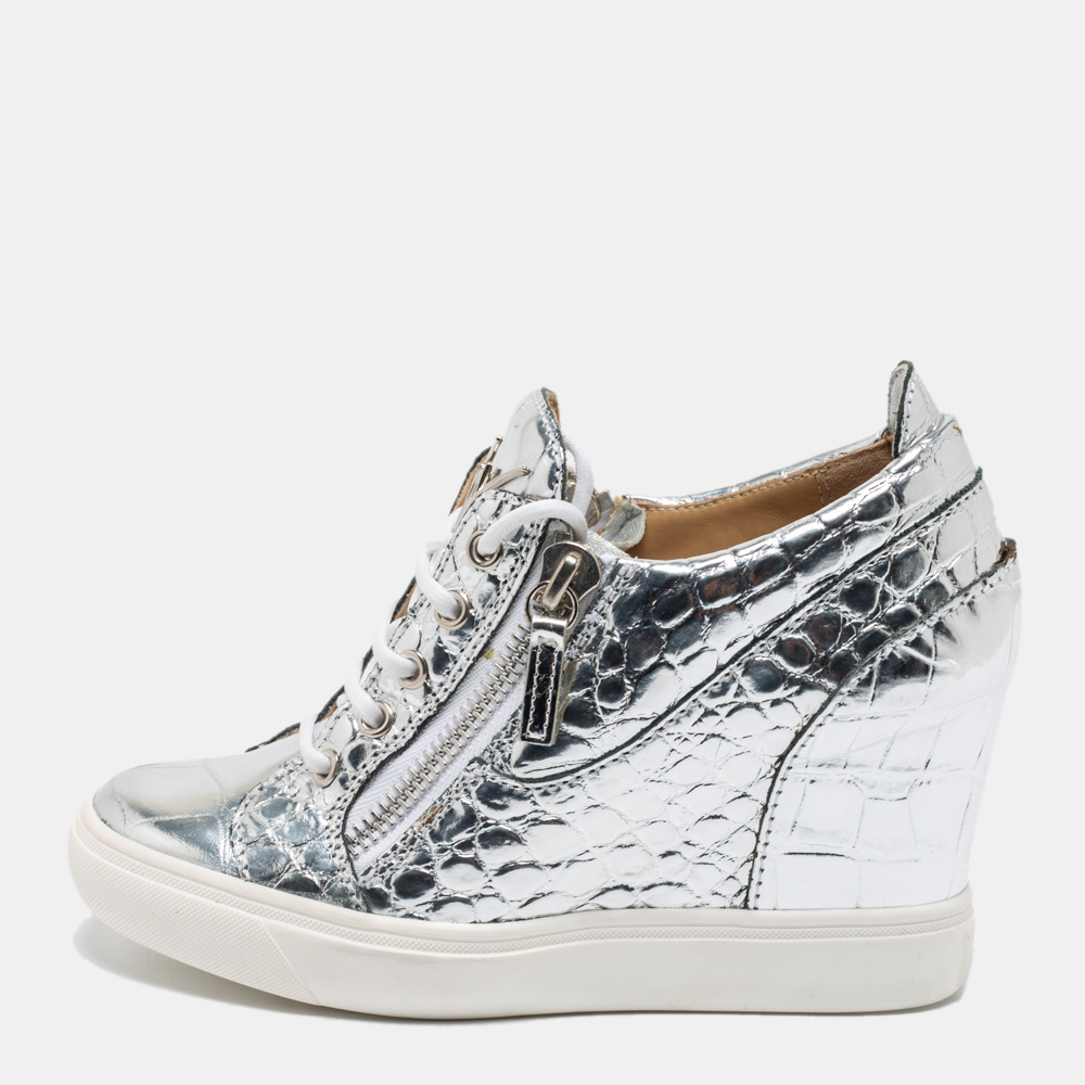 Giuseppe Zanotti Silver Croc Embossed Leather Double Zip Wedge Sneakers Size 37