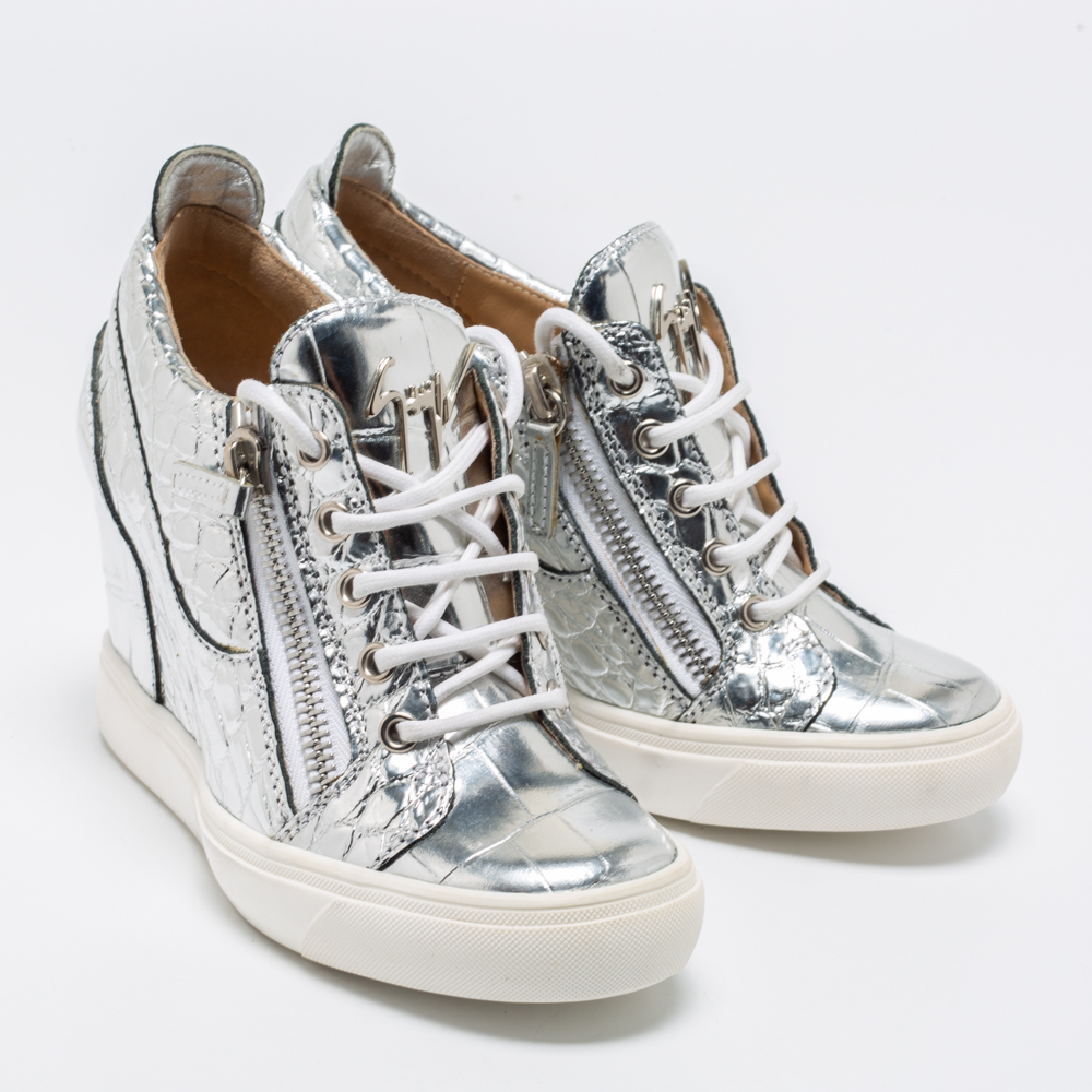 Giuseppe Zanotti Silver Croc Embossed Leather Double Zip Wedge Sneakers Size 37