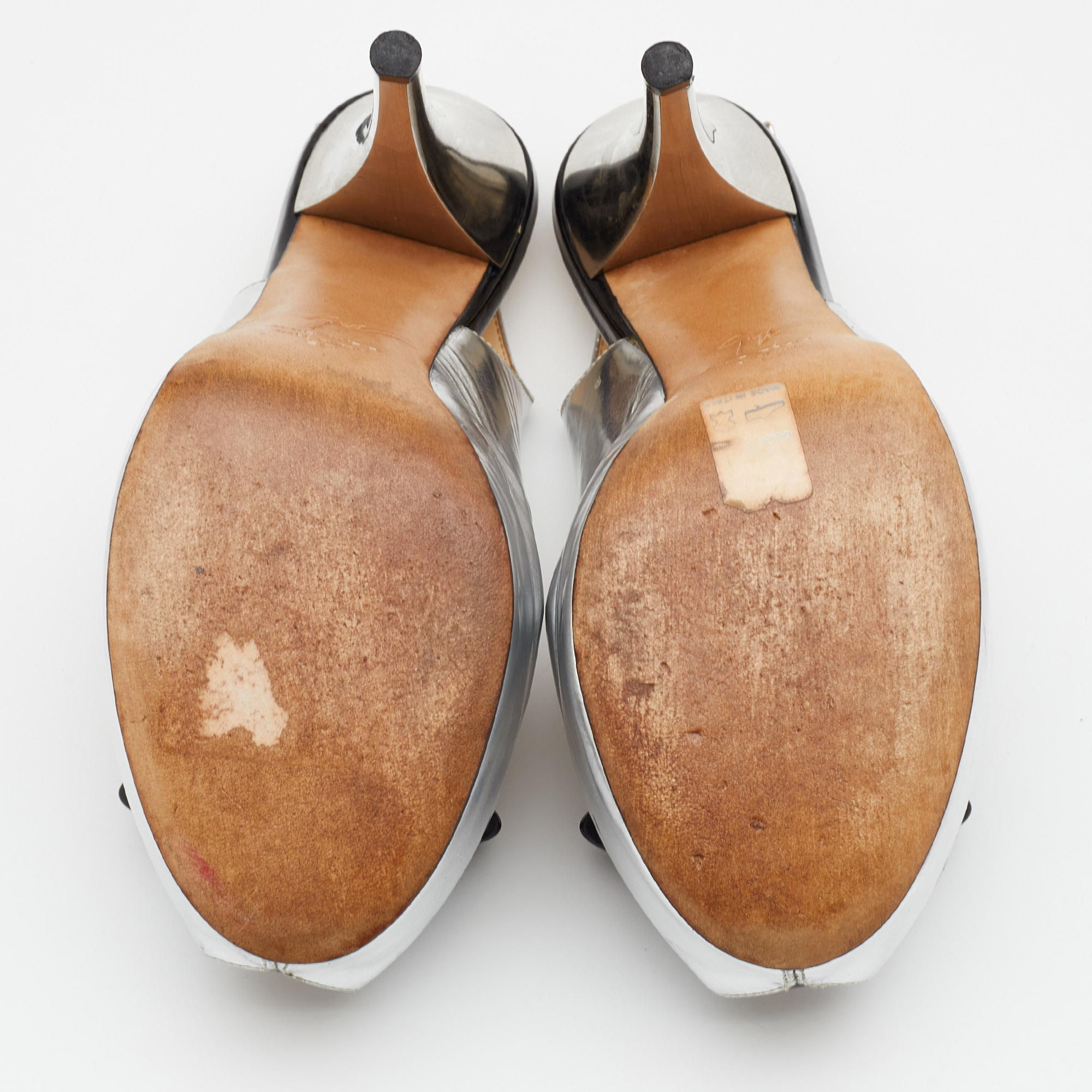 Giuseppe Zanotti Silver/Black Leather Bow Platform Slingback Sandals Size 38