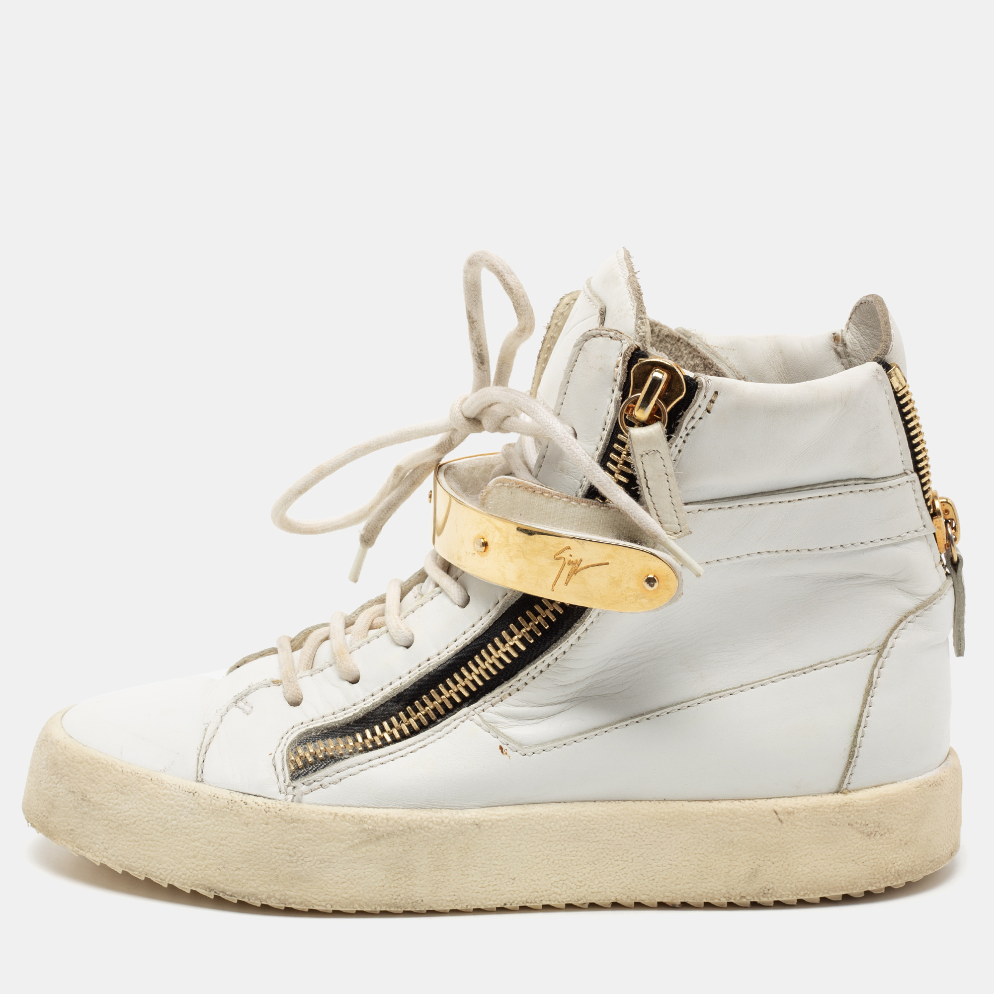 Giuseppe zanotti white leather double zipper high top sneakers size 38