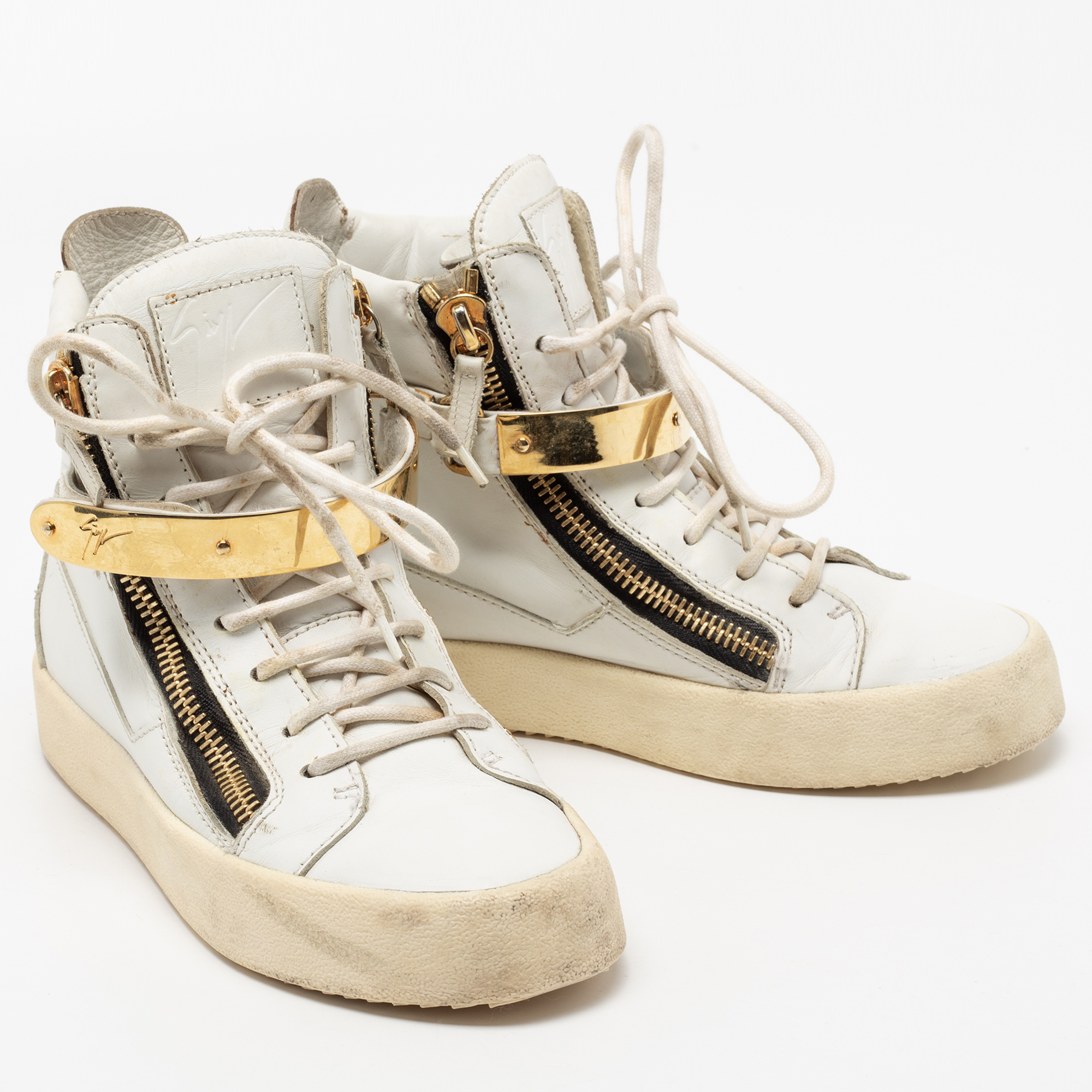 Giuseppe Zanotti White Leather Double Zipper High Top Sneakers Size 38