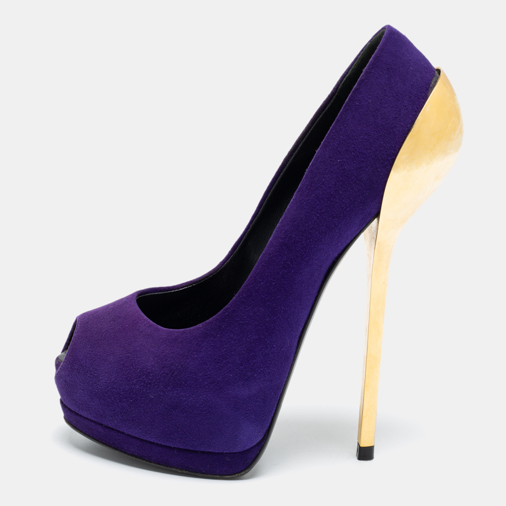 Giuseppe zanotti purple suede nana metal peep-toe platform pumps size 36