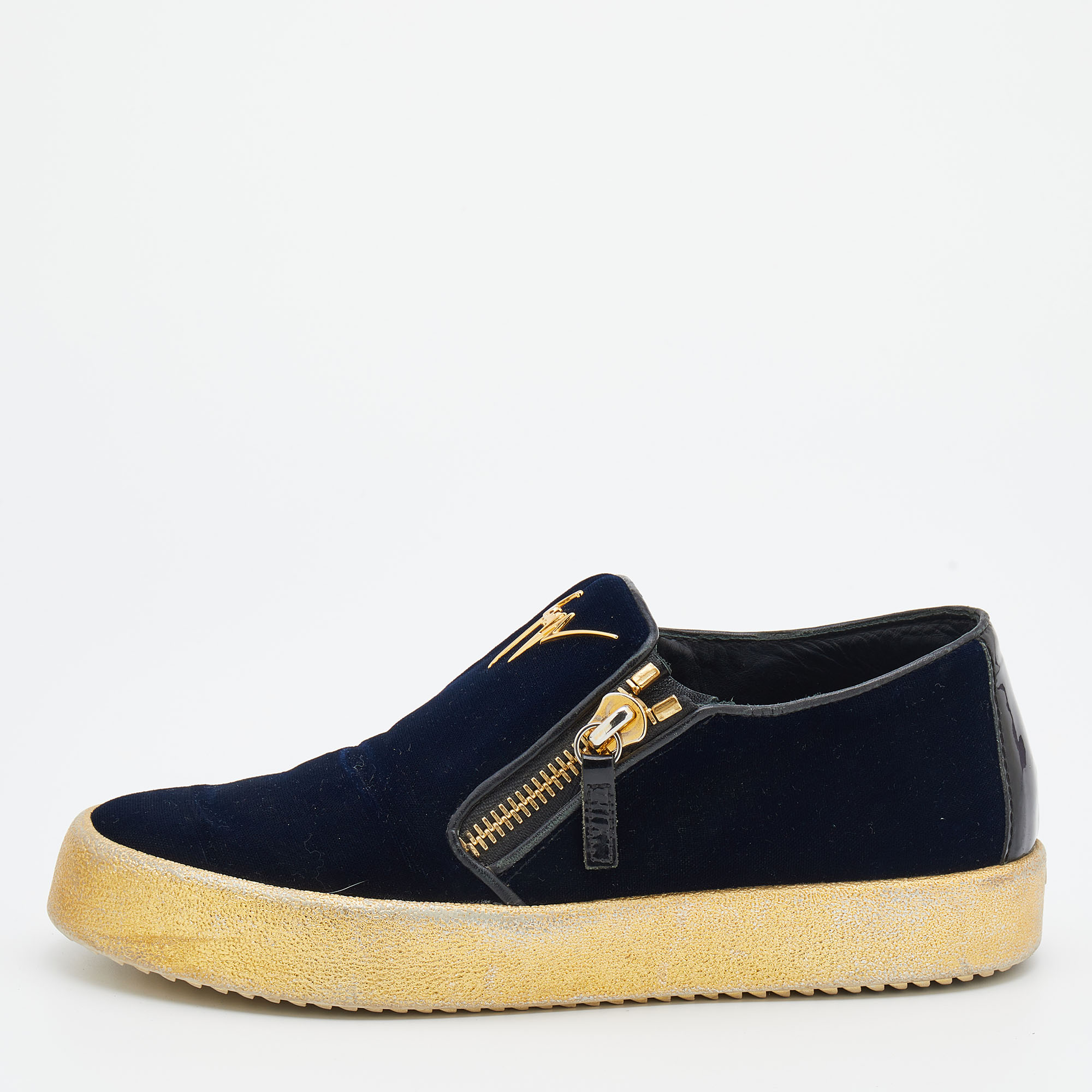 Giuseppe zanotti navy blue velvet may london slip on sneakers size 39