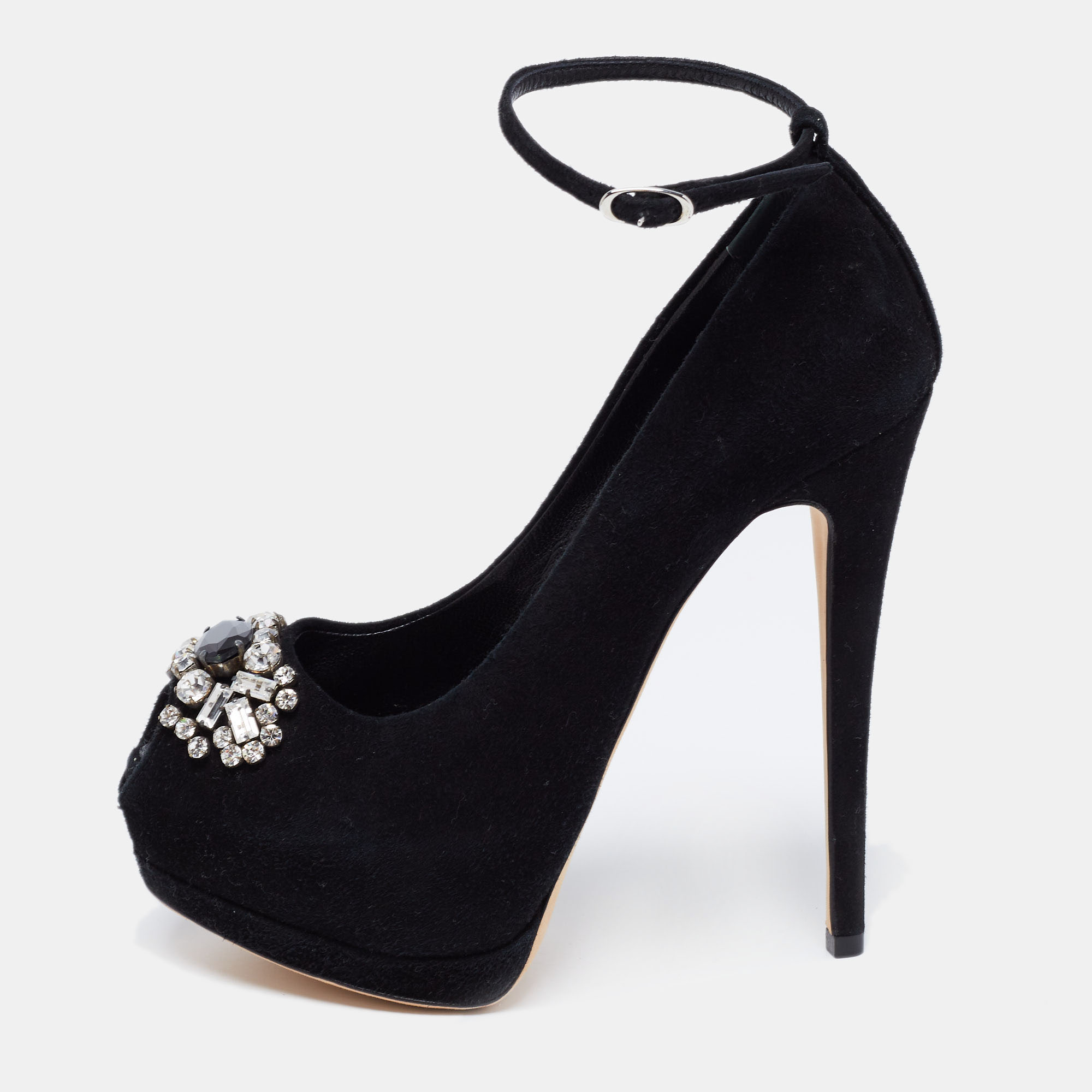 Giuseppe Zanotti Black Suede Crystal Embellished Ankle-Strap Peep-Toe Platform Pumps Size 35