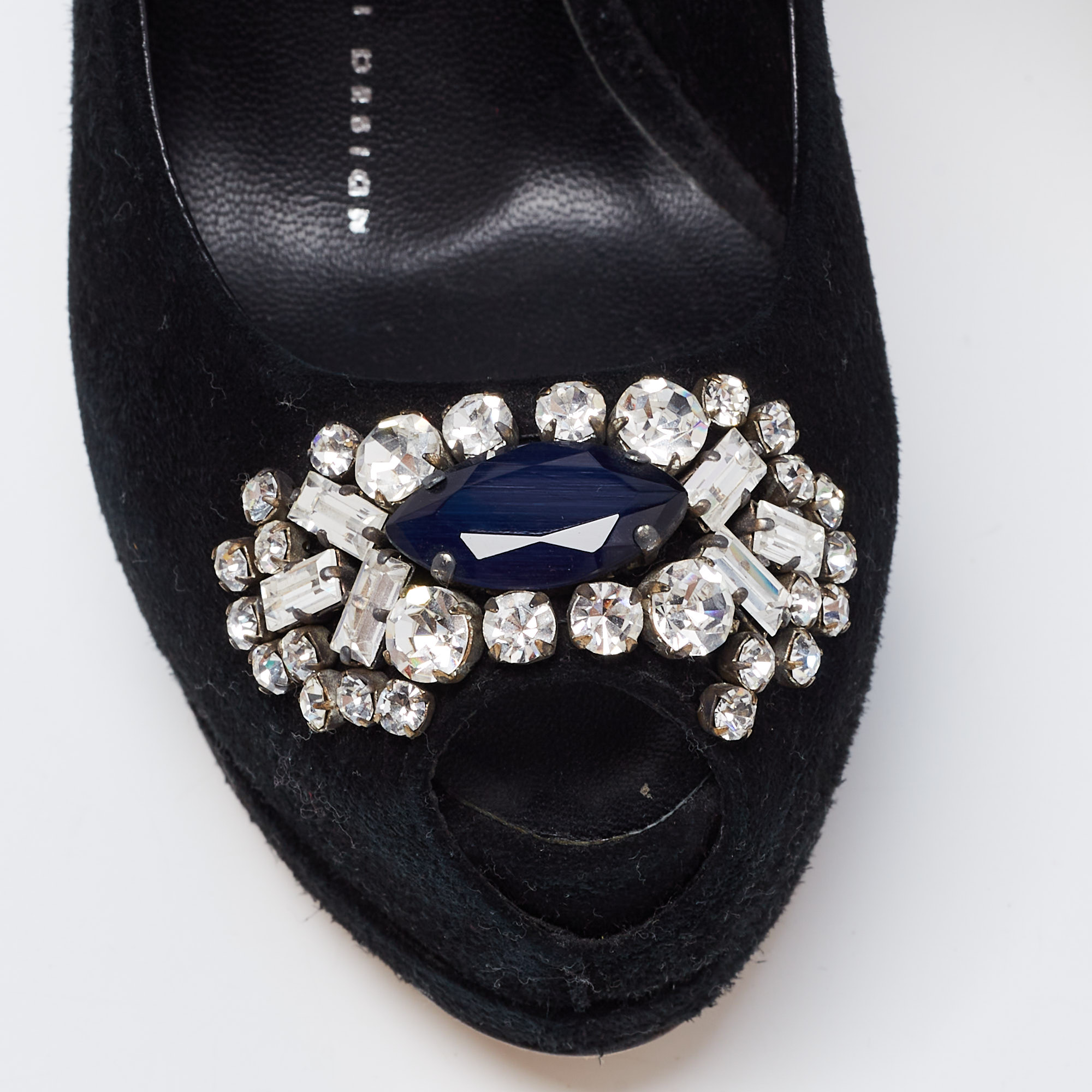 Giuseppe Zanotti Black Suede Crystal Embellished Ankle-Strap Peep-Toe Platform Pumps Size 35