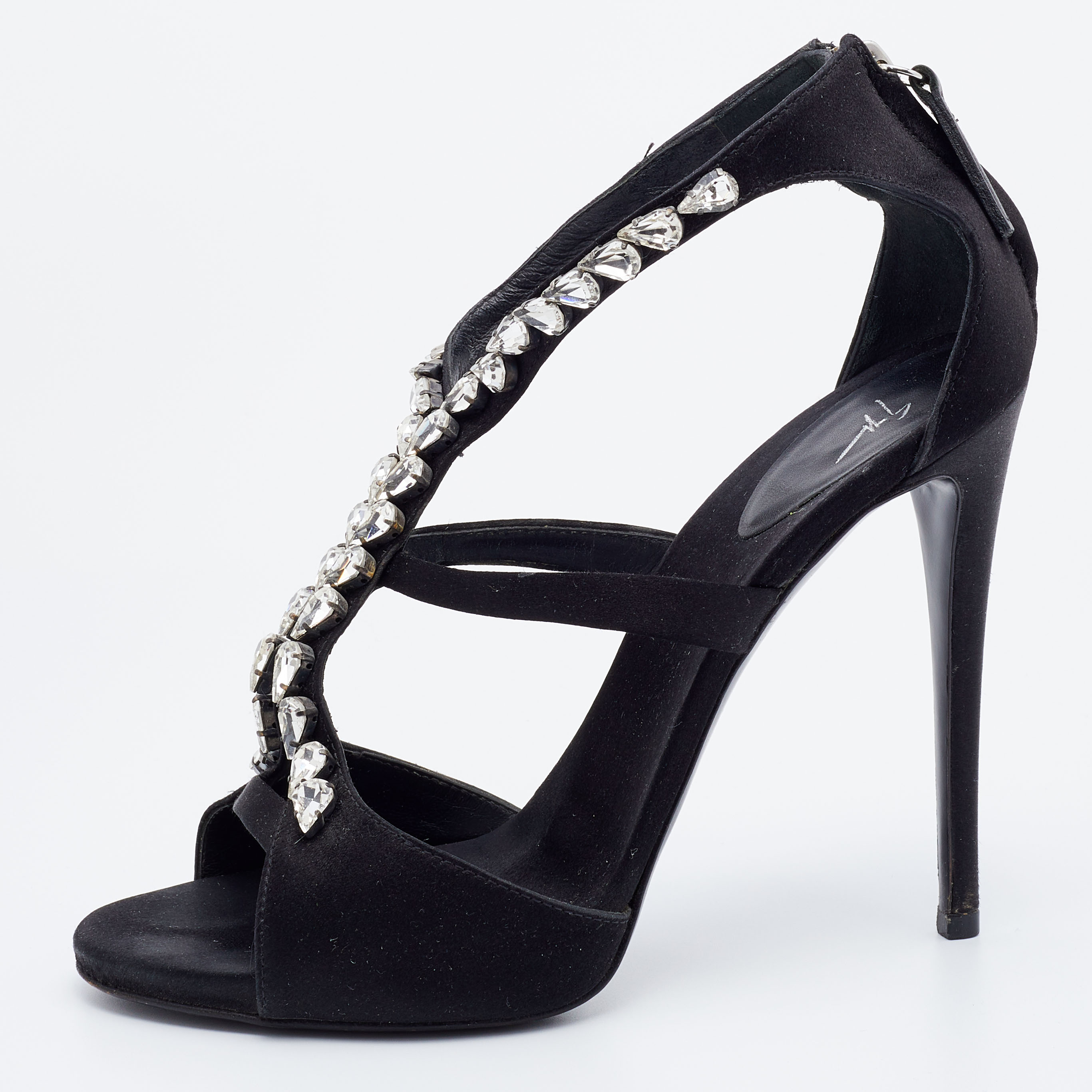 Giuseppe zanotti black satin crystal embellished strappy sandals size 37.5