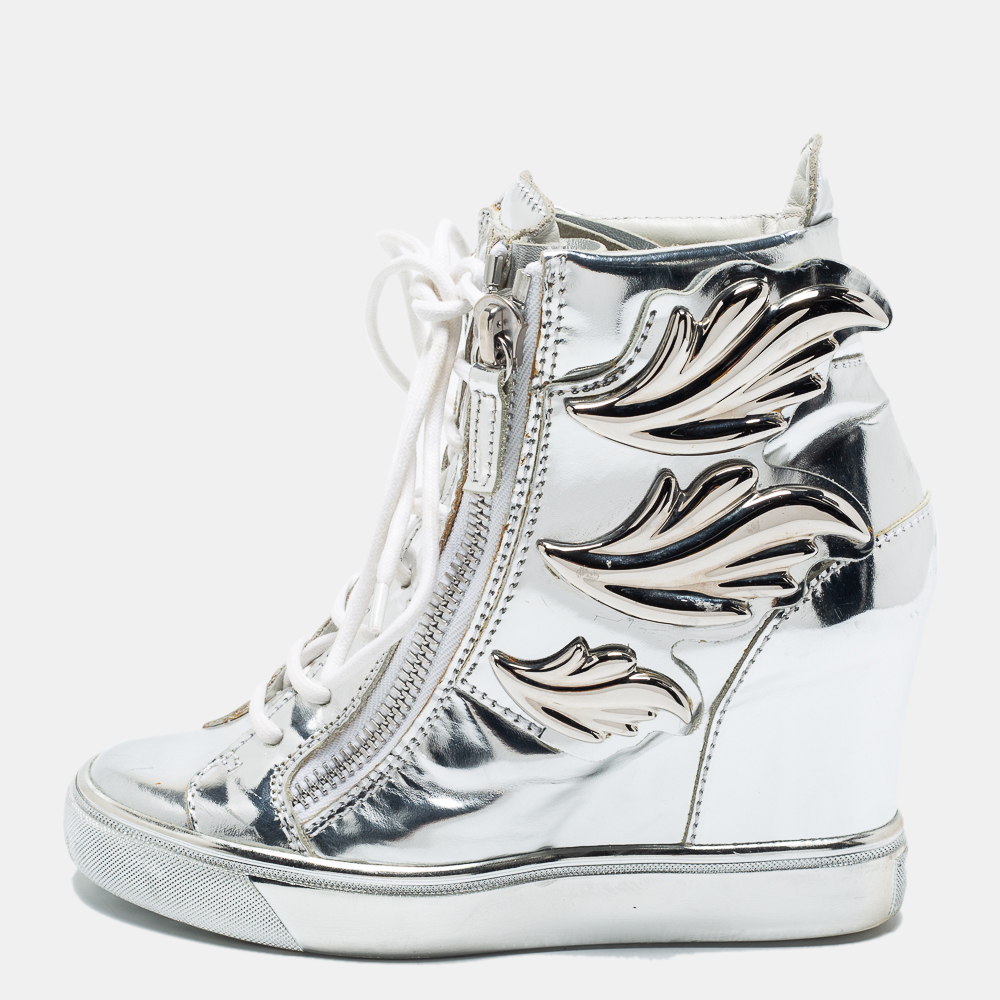 Giuseppe zanotti silver patent leather wedge sneakers size 35